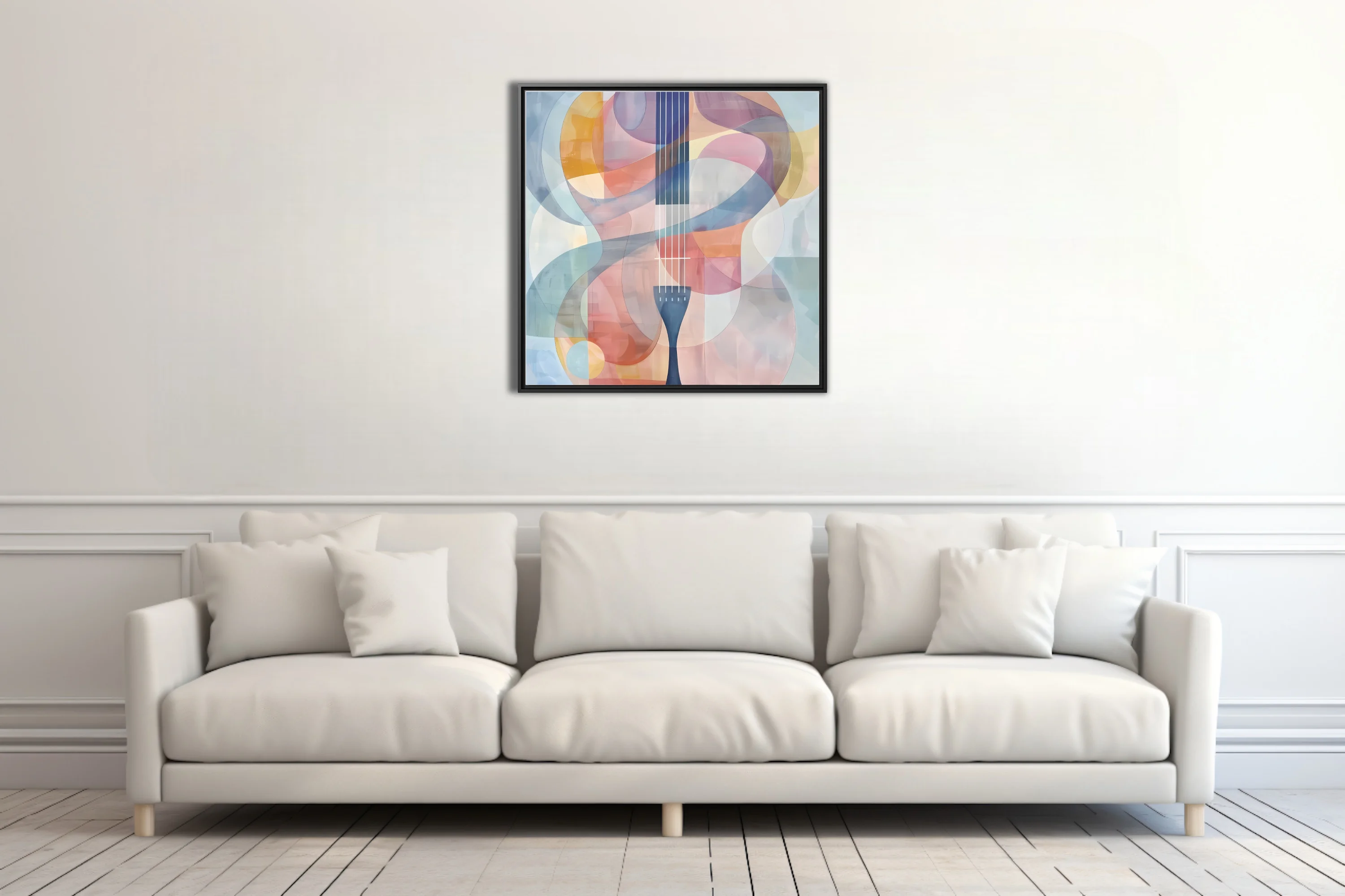 Abstract stringed instrument art in pastel pink, blue, and mauve watercolor-style tones