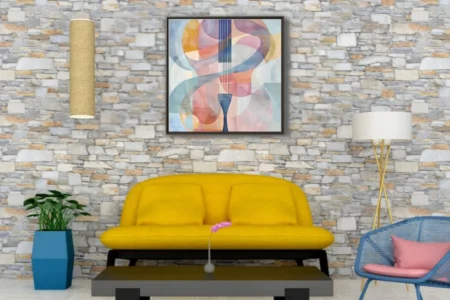 Abstract stringed instrument art in pastel pink, blue, and mauve watercolor-style tones
