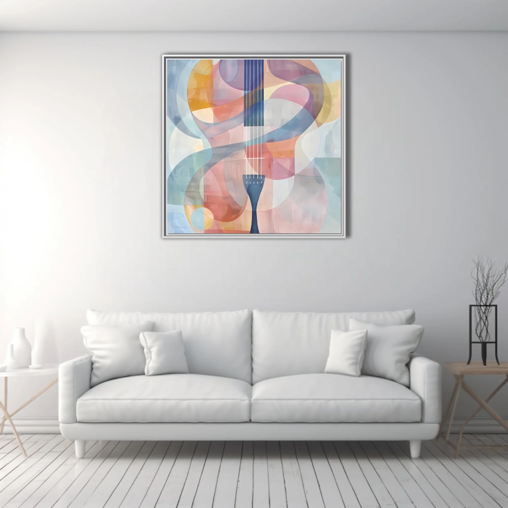 Abstract stringed instrument art in pastel pink, blue, and mauve watercolor-style tones