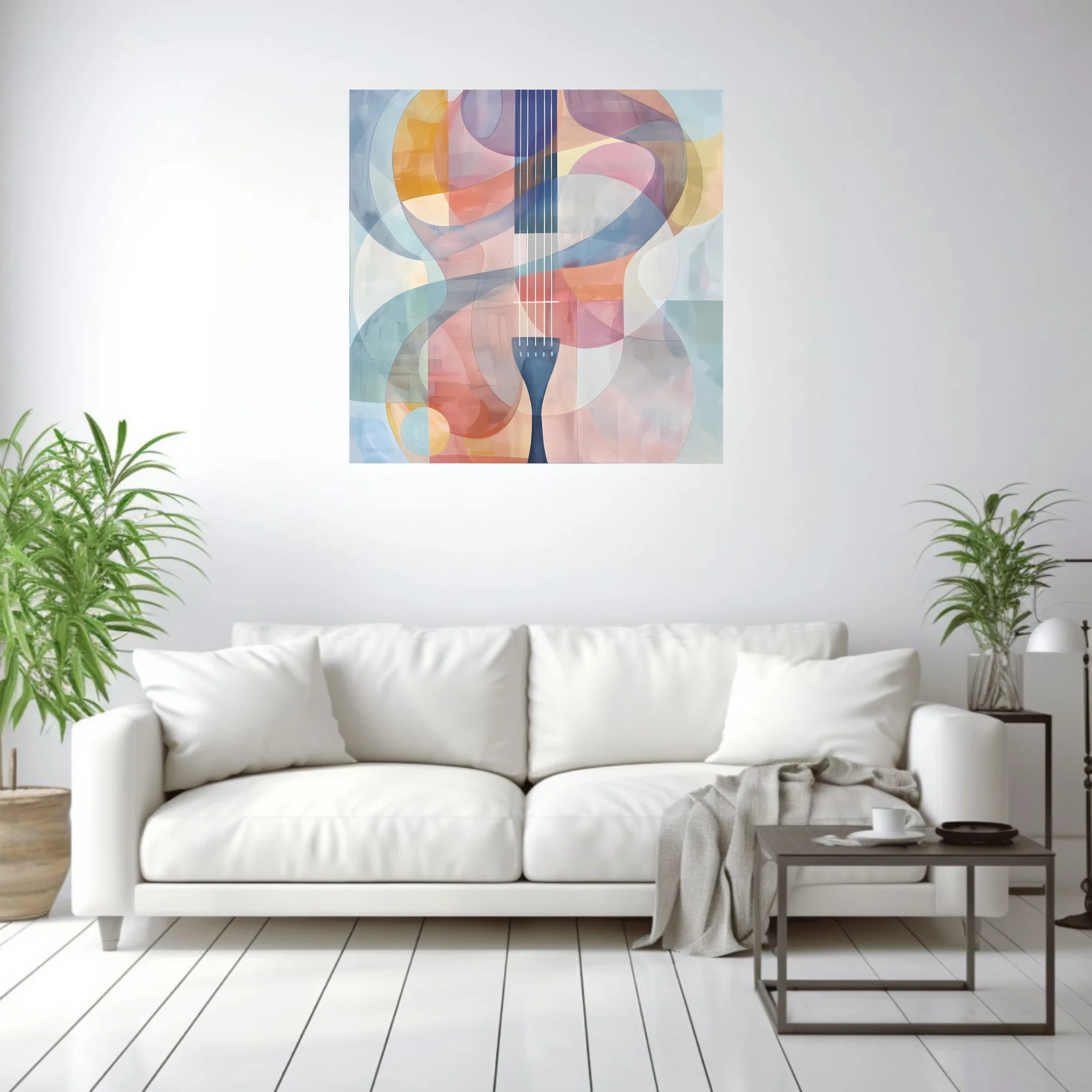 Abstract stringed instrument art in pastel pink, blue, and mauve watercolor-style tones