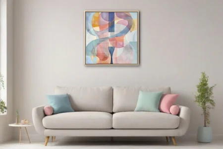 Abstract stringed instrument art in pastel pink, blue, and mauve watercolor-style tones