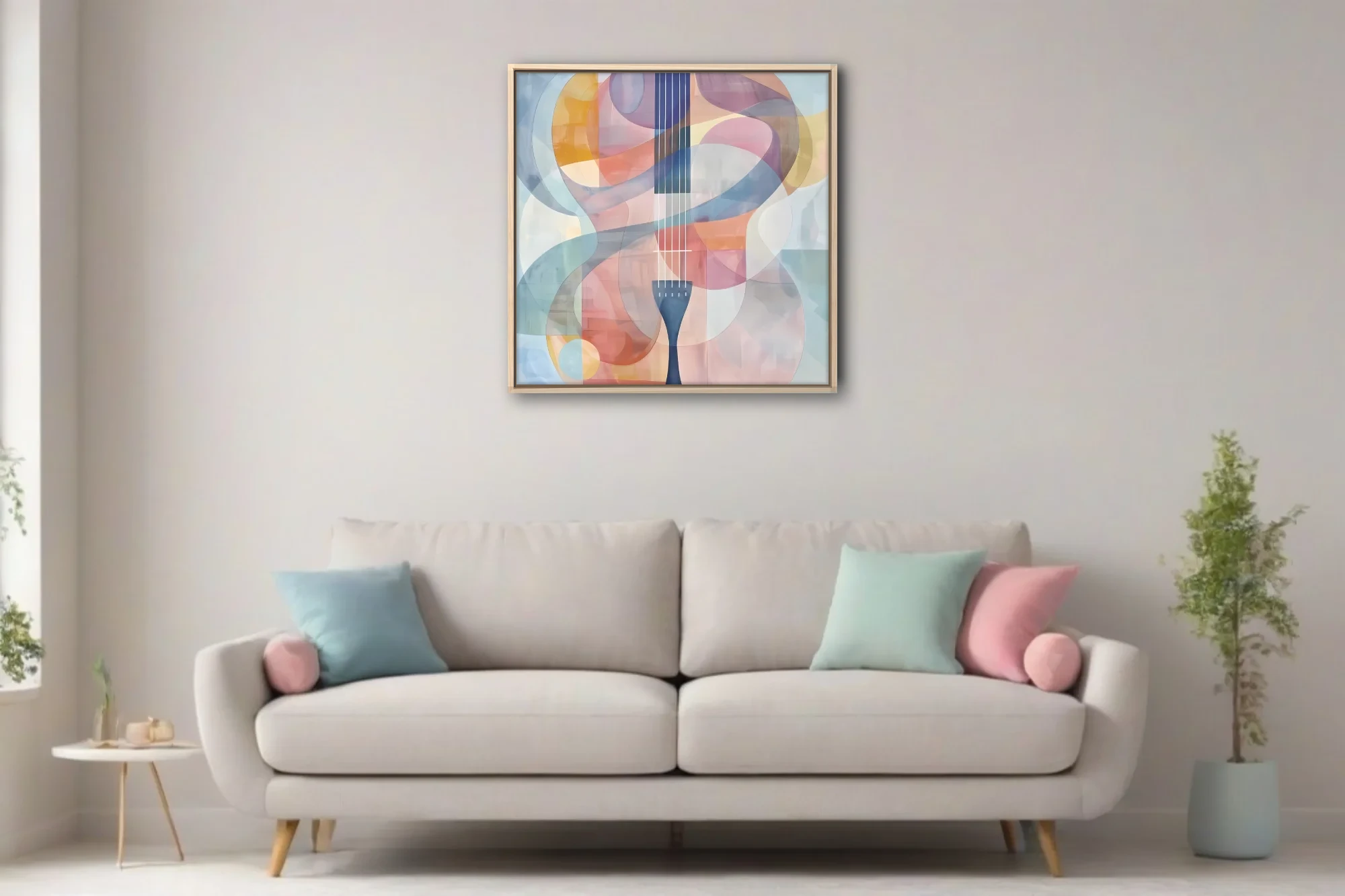 Abstract stringed instrument art in pastel pink, blue, and mauve watercolor-style tones