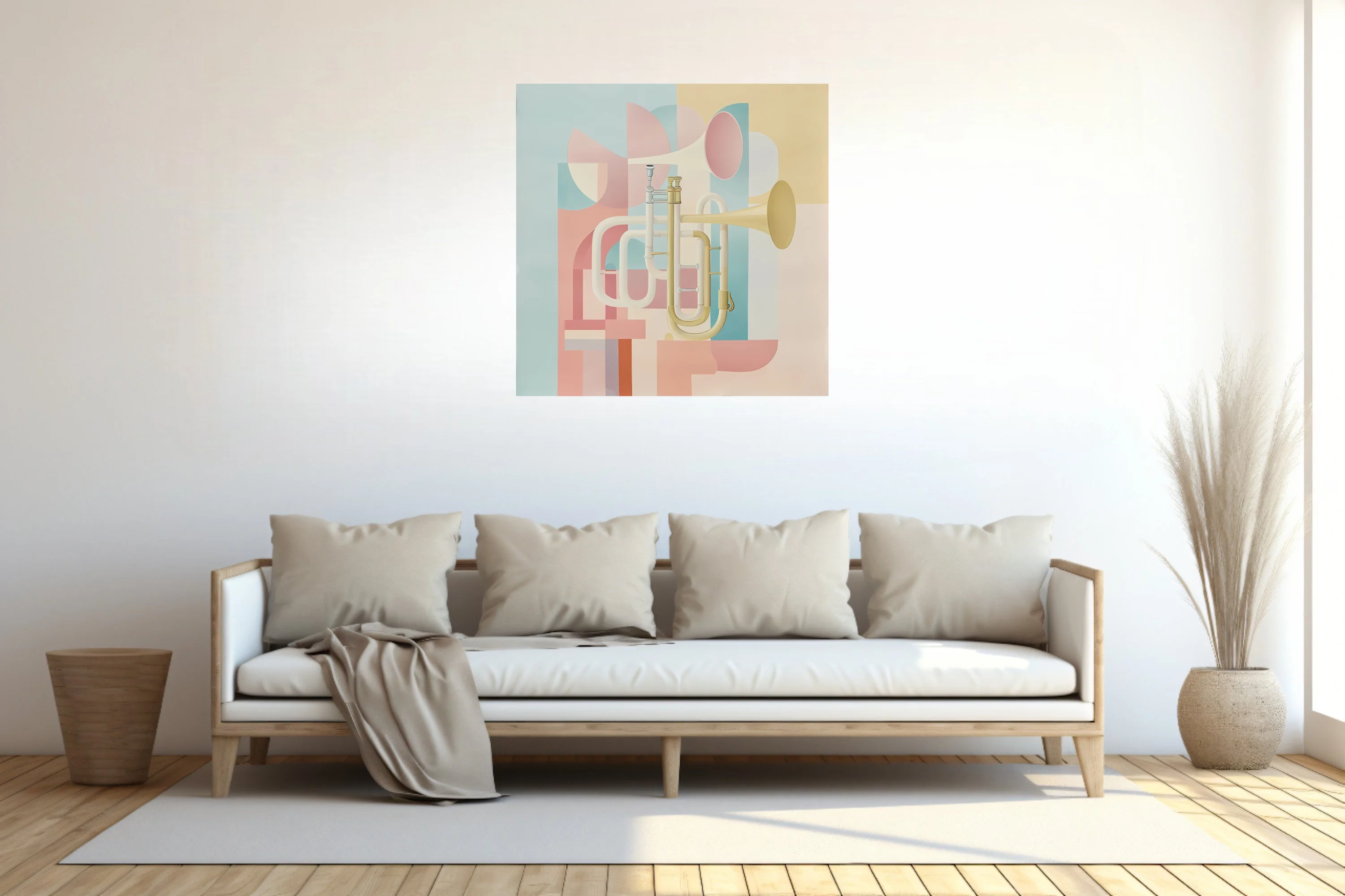 Mid-century modern abstract brass instrument art in soft pastel tones