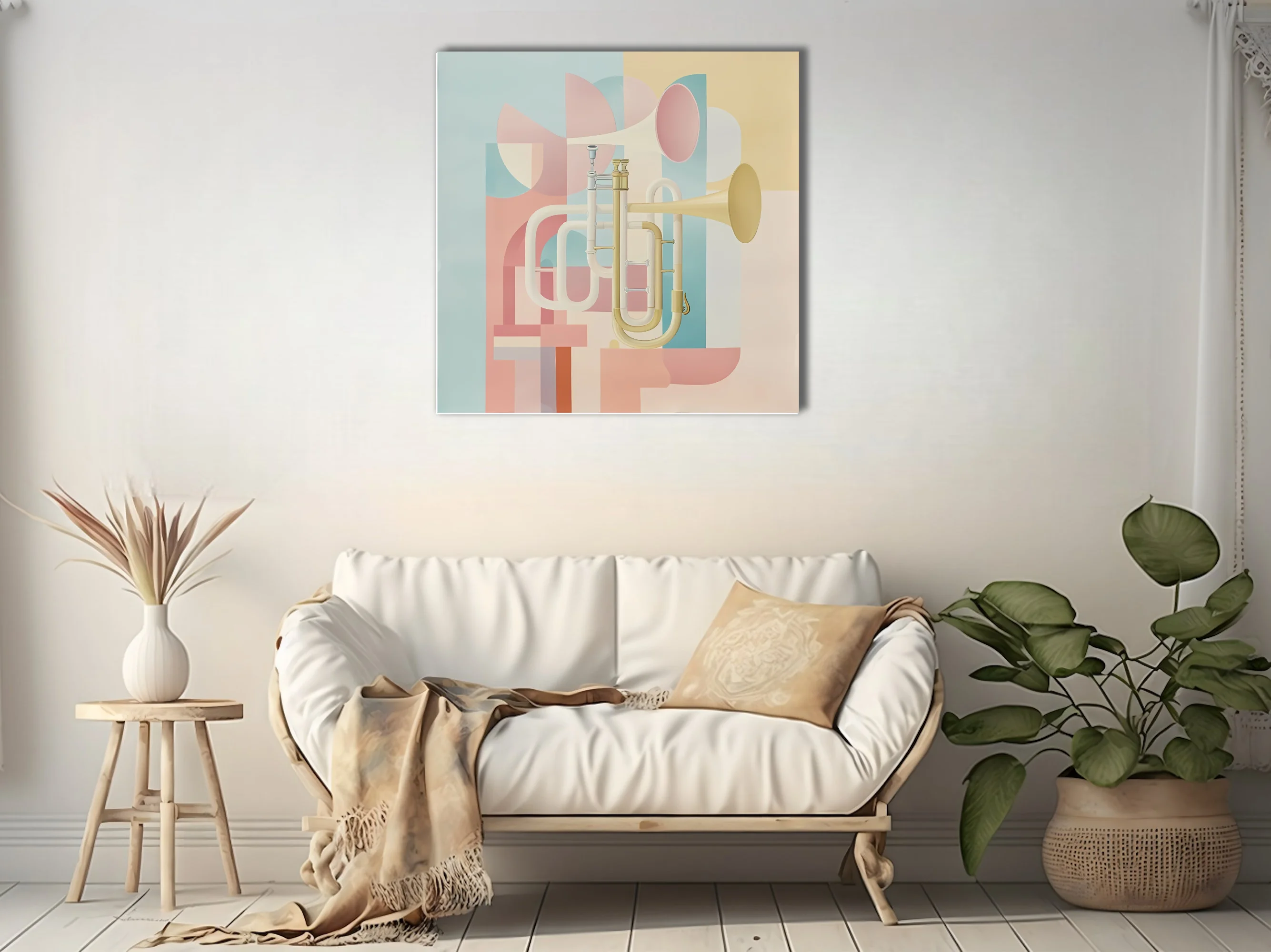 Mid-century modern abstract brass instrument art in soft pastel tones