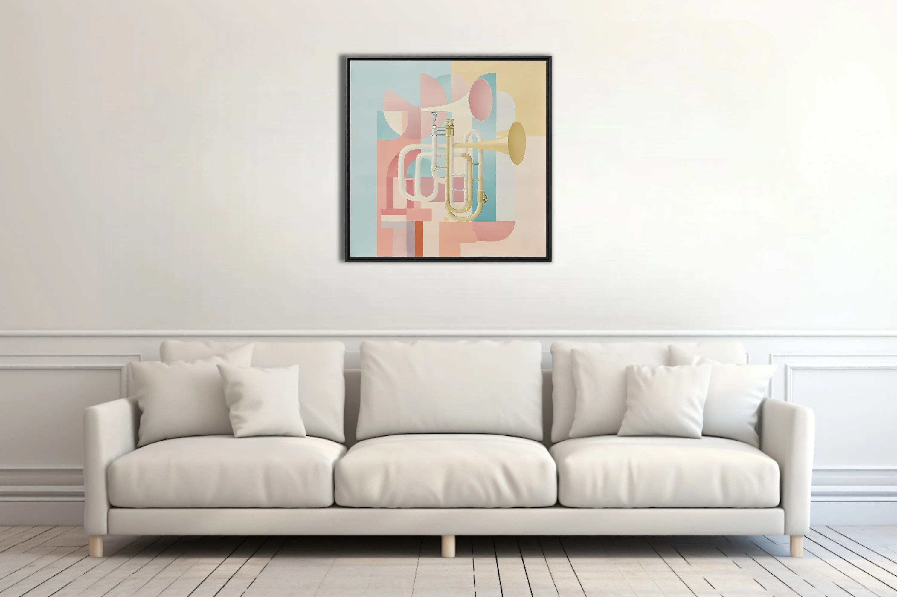 Mid-century modern abstract brass instrument art in soft pastel tones