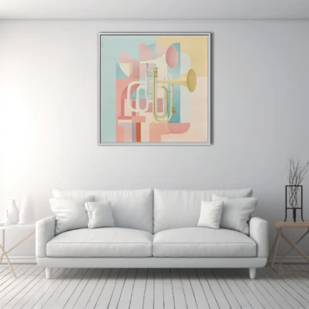 Mid-century modern abstract brass instrument art in soft pastel tones
