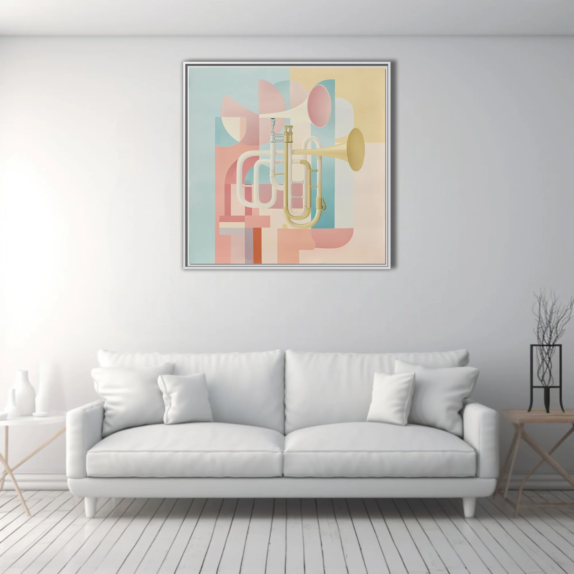 Mid-century modern abstract brass instrument art in soft pastel tones