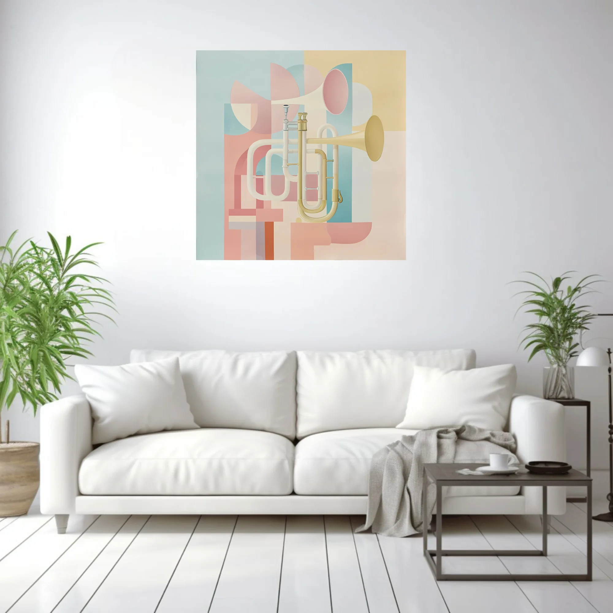 Mid-century modern abstract brass instrument art in soft pastel tones