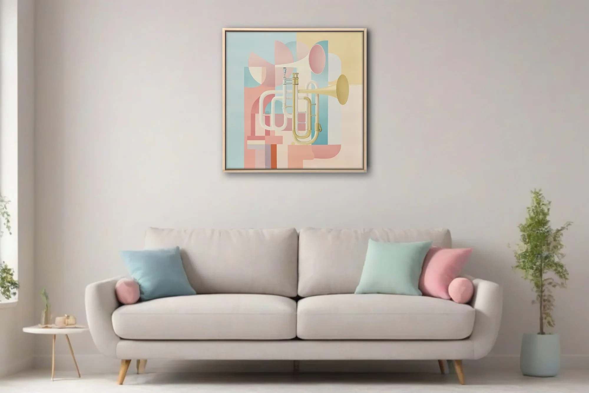 Mid-century modern abstract brass instrument art in soft pastel tones