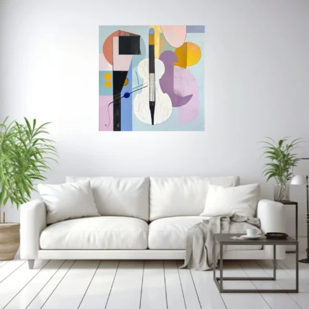 Abstract stringed instrument in pastel lilac, blush, mustard and black geometric composition