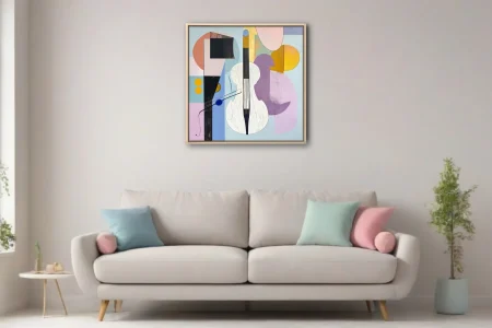 Abstract stringed instrument in pastel lilac, blush, mustard and black geometric composition