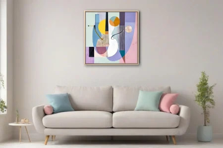 Abstract string instrument composition in pastel blue, violet, and yellow tones