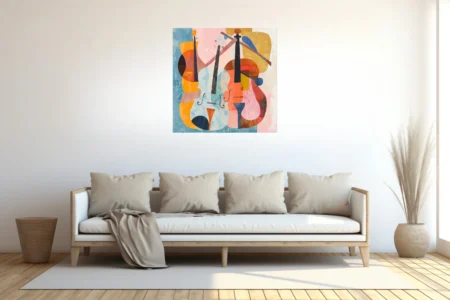 Abstract string instruments collage in orange, blue and pink mid-century modern style