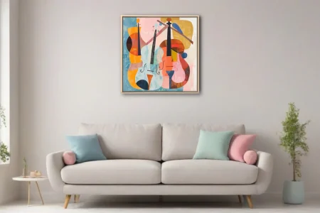 Abstract string instruments collage in orange, blue and pink mid-century modern style