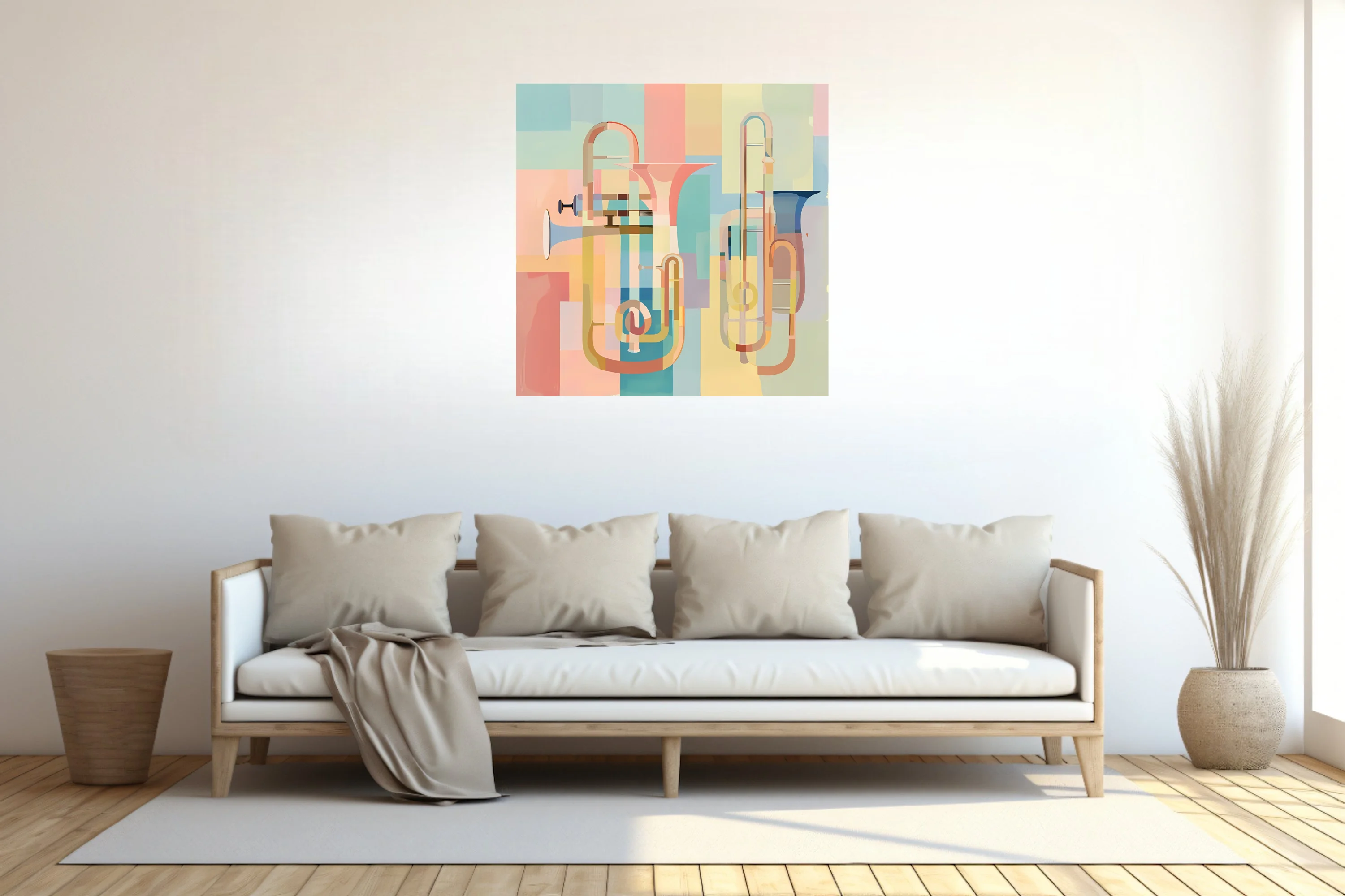Mid-century modern abstract brass instruments in soft pastel geometric layers