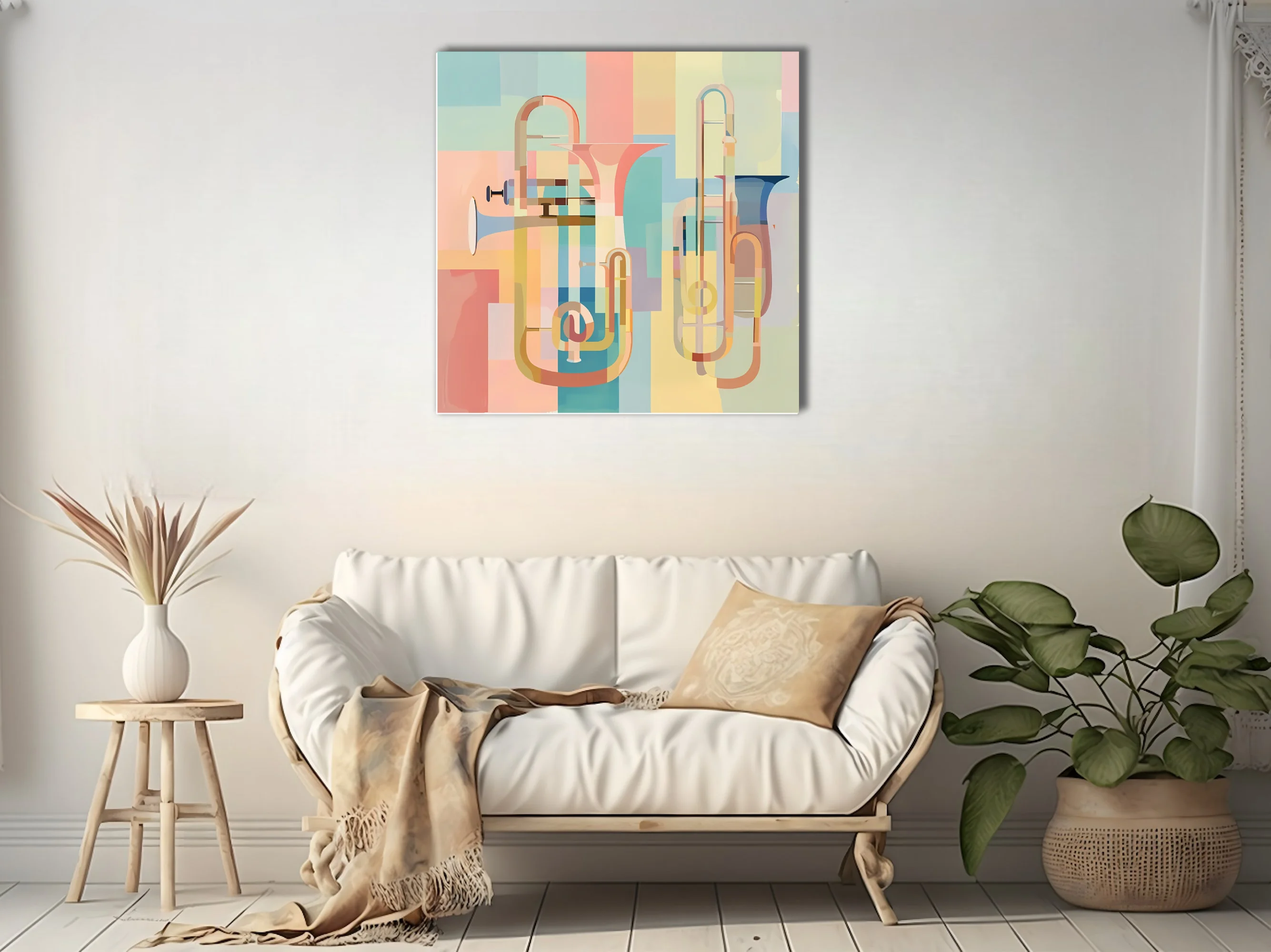 Mid-century modern abstract brass instruments in soft pastel geometric layers