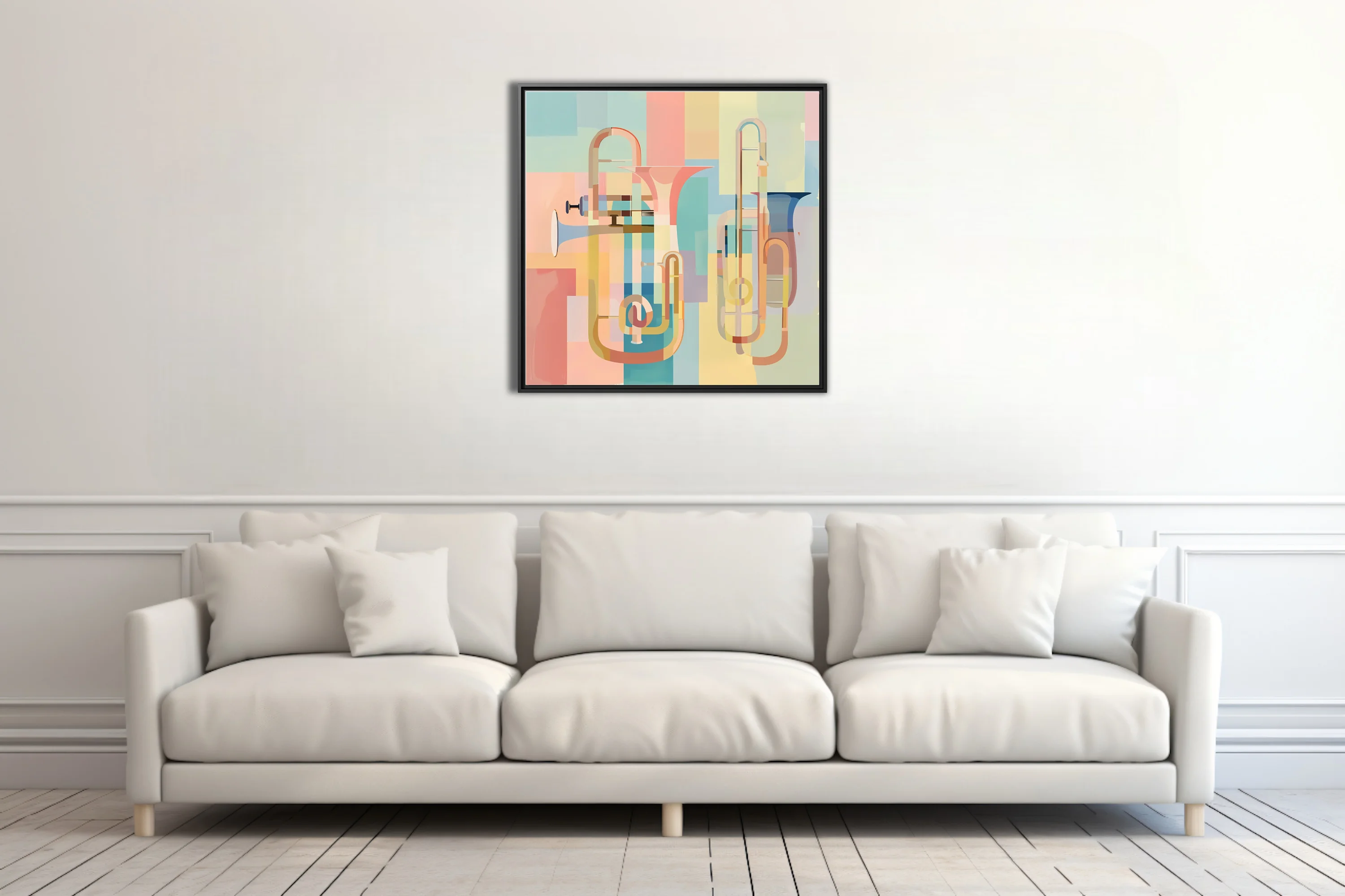 Mid-century modern abstract brass instruments in soft pastel geometric layers
