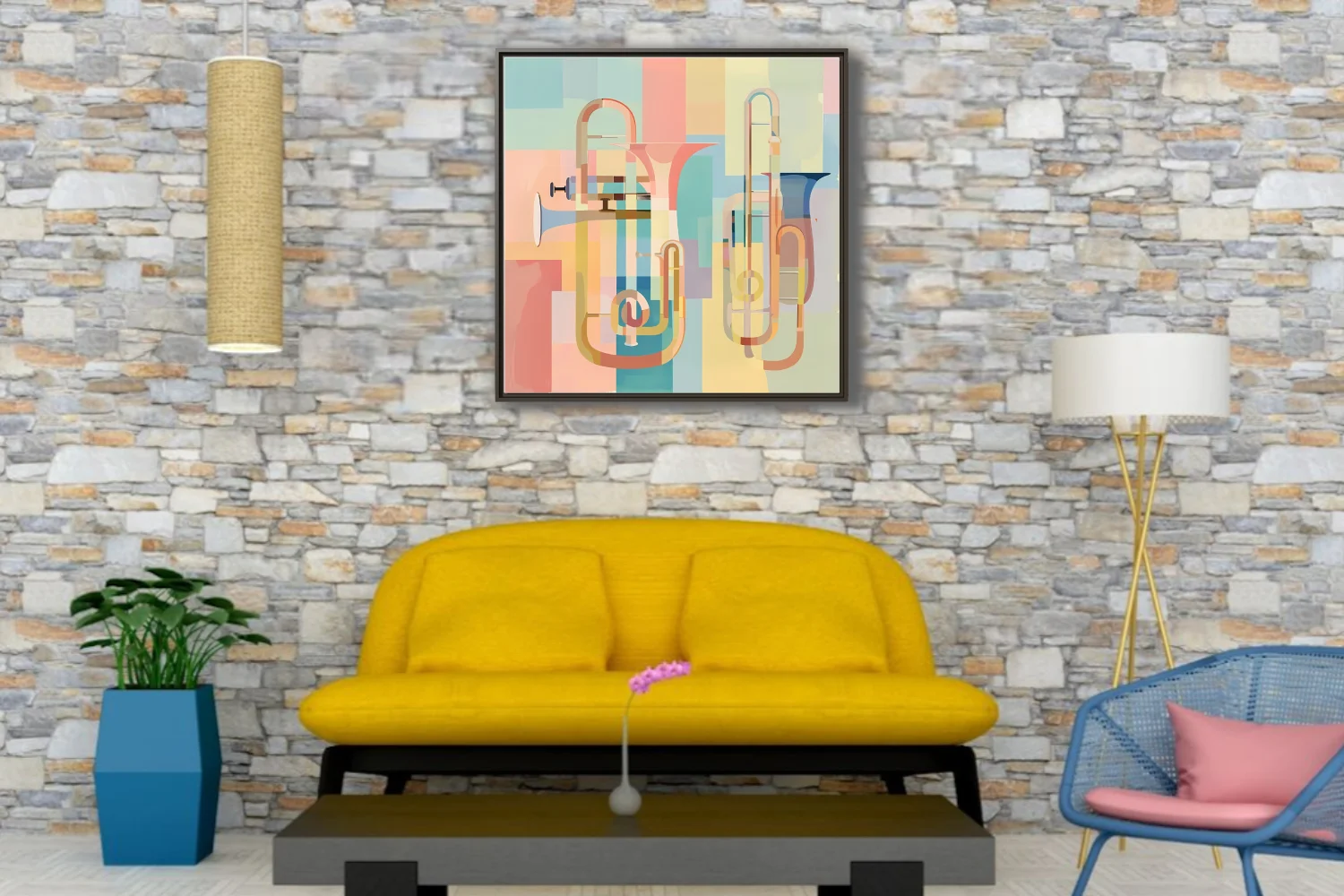 Mid-century modern abstract brass instruments in soft pastel geometric layers
