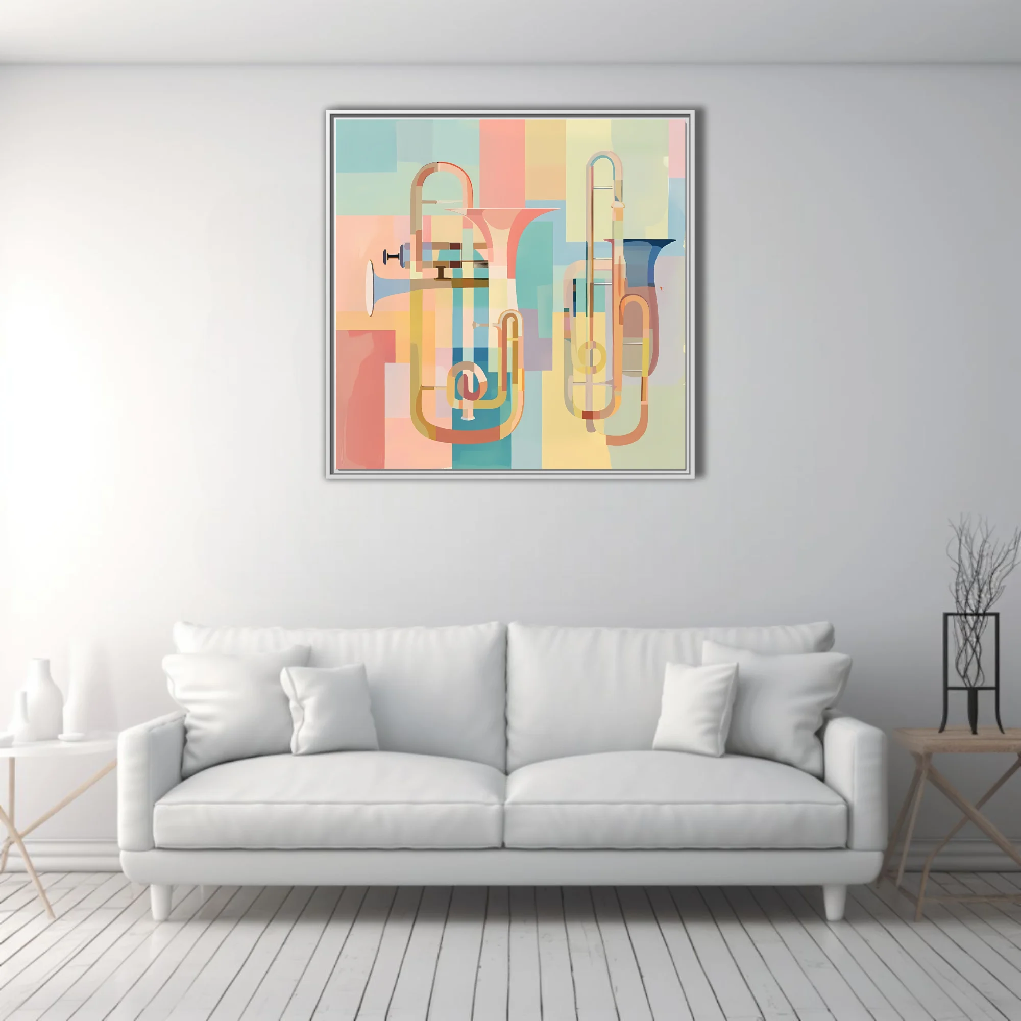 Mid-century modern abstract brass instruments in soft pastel geometric layers