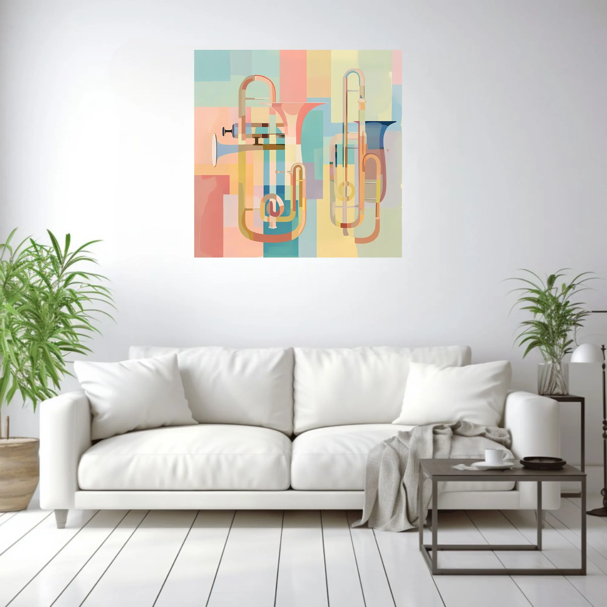 Mid-century modern abstract brass instruments in soft pastel geometric layers