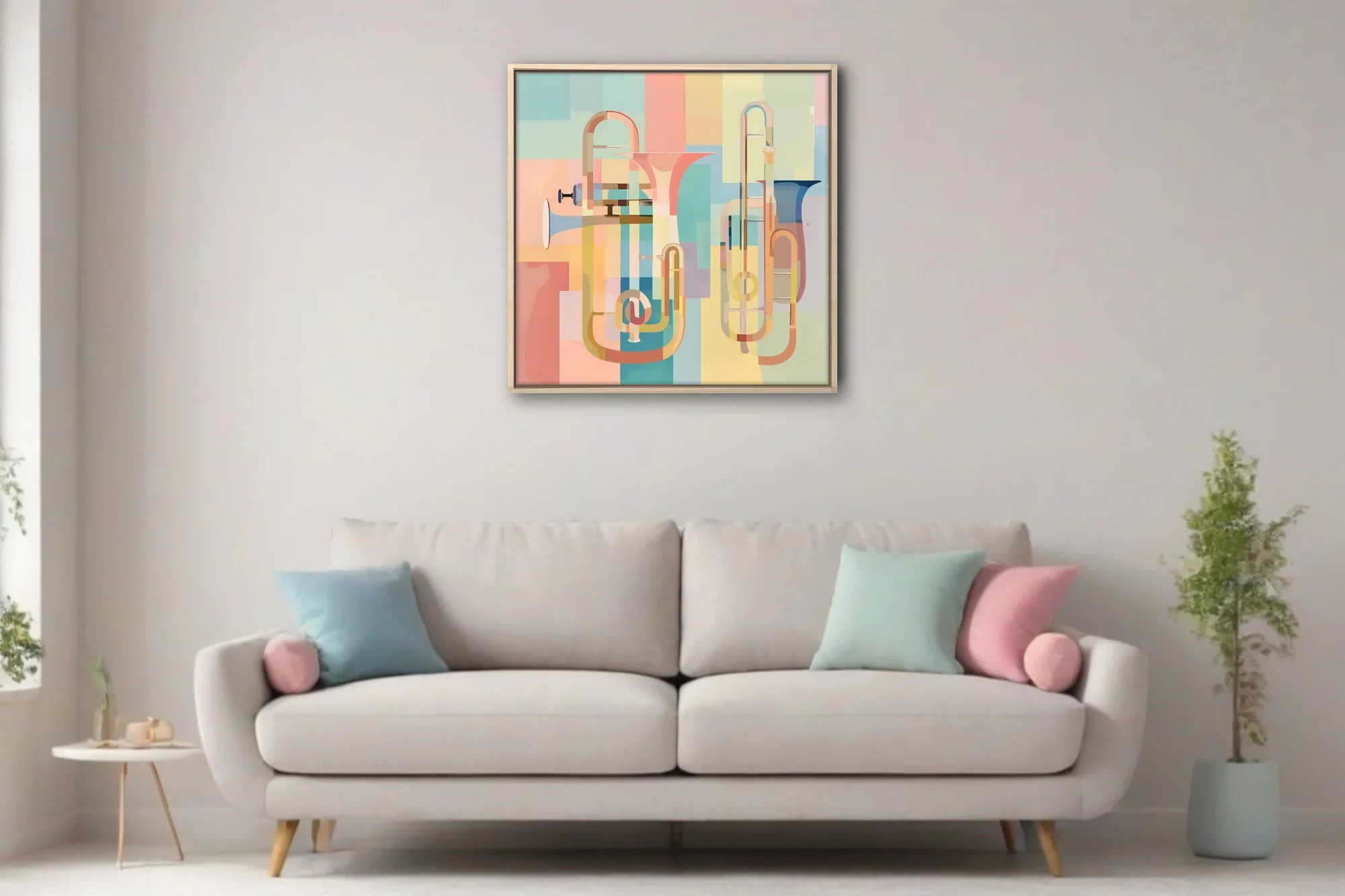 Mid-century modern abstract brass instruments in soft pastel geometric layers