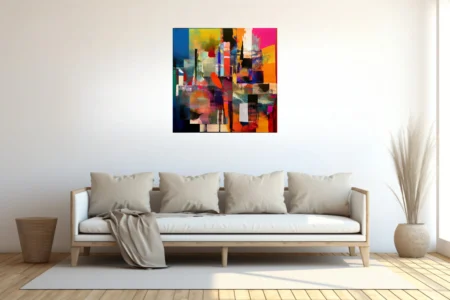 Bold contemporary abstract in magenta, cobalt, orange and black with collage-style color blocks