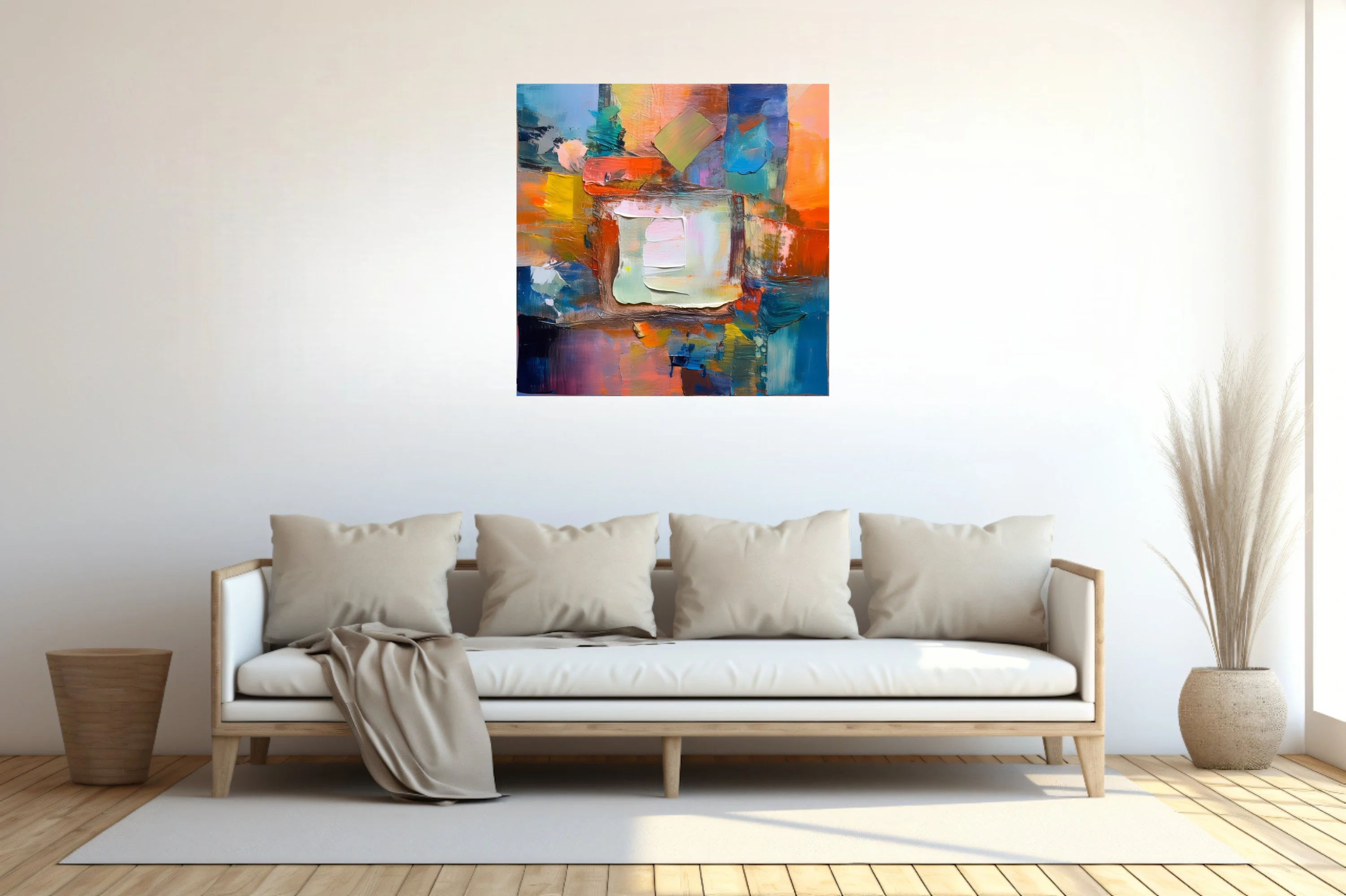 Contemporary abstract artwork with vivid orange, blue, and cream