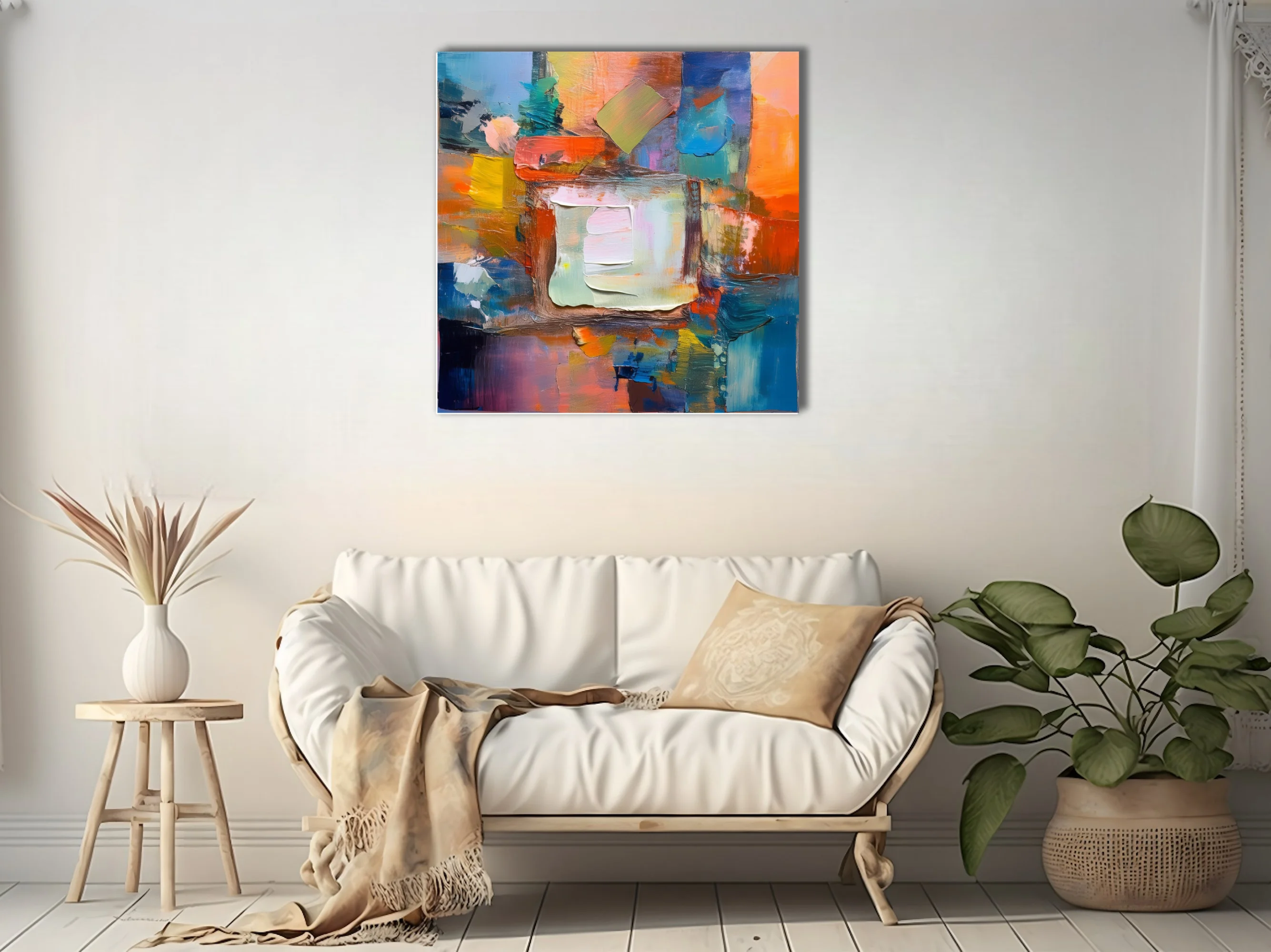 Contemporary abstract artwork with vivid orange, blue, and cream