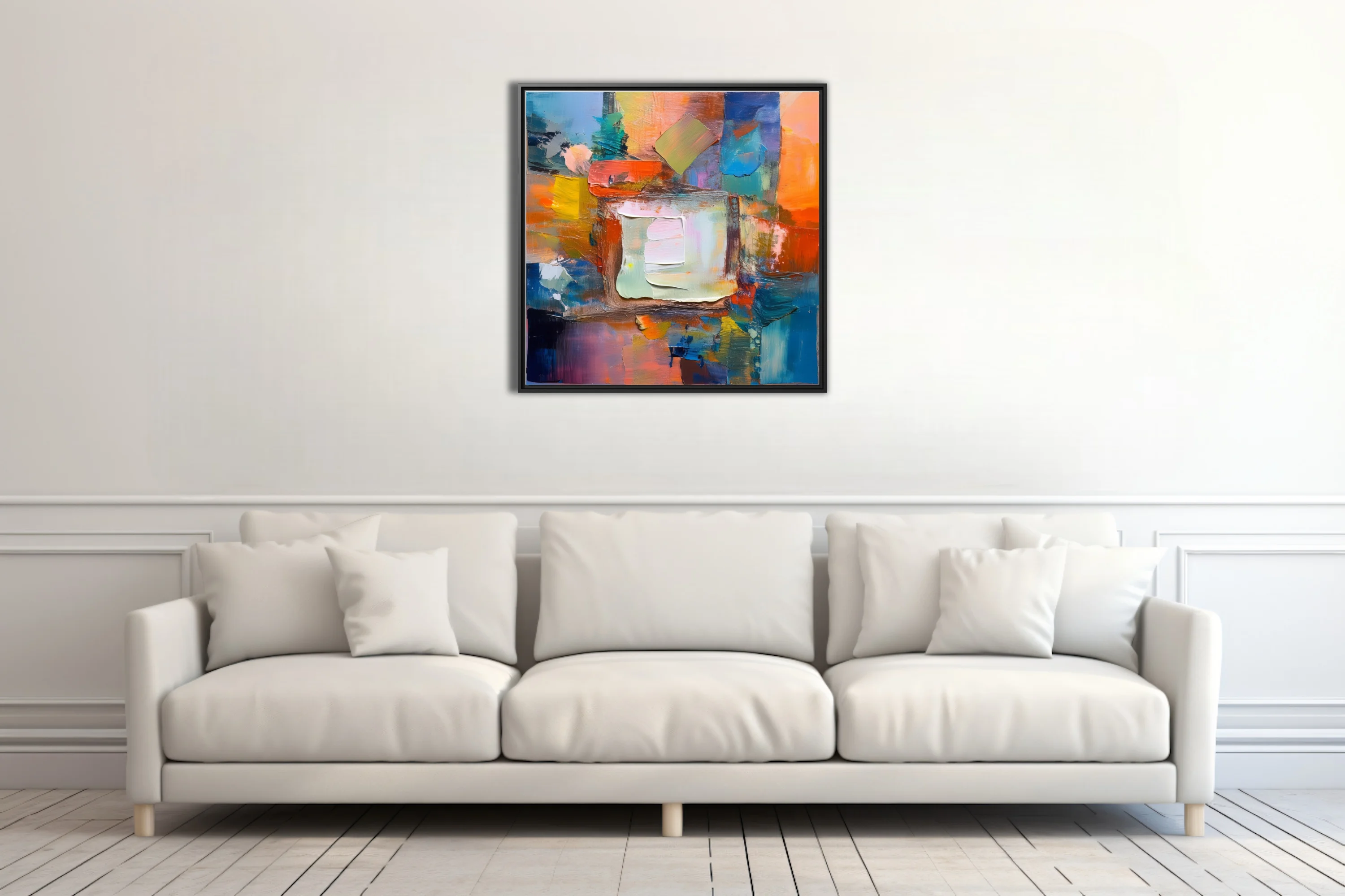Contemporary abstract artwork with vivid orange, blue, and cream