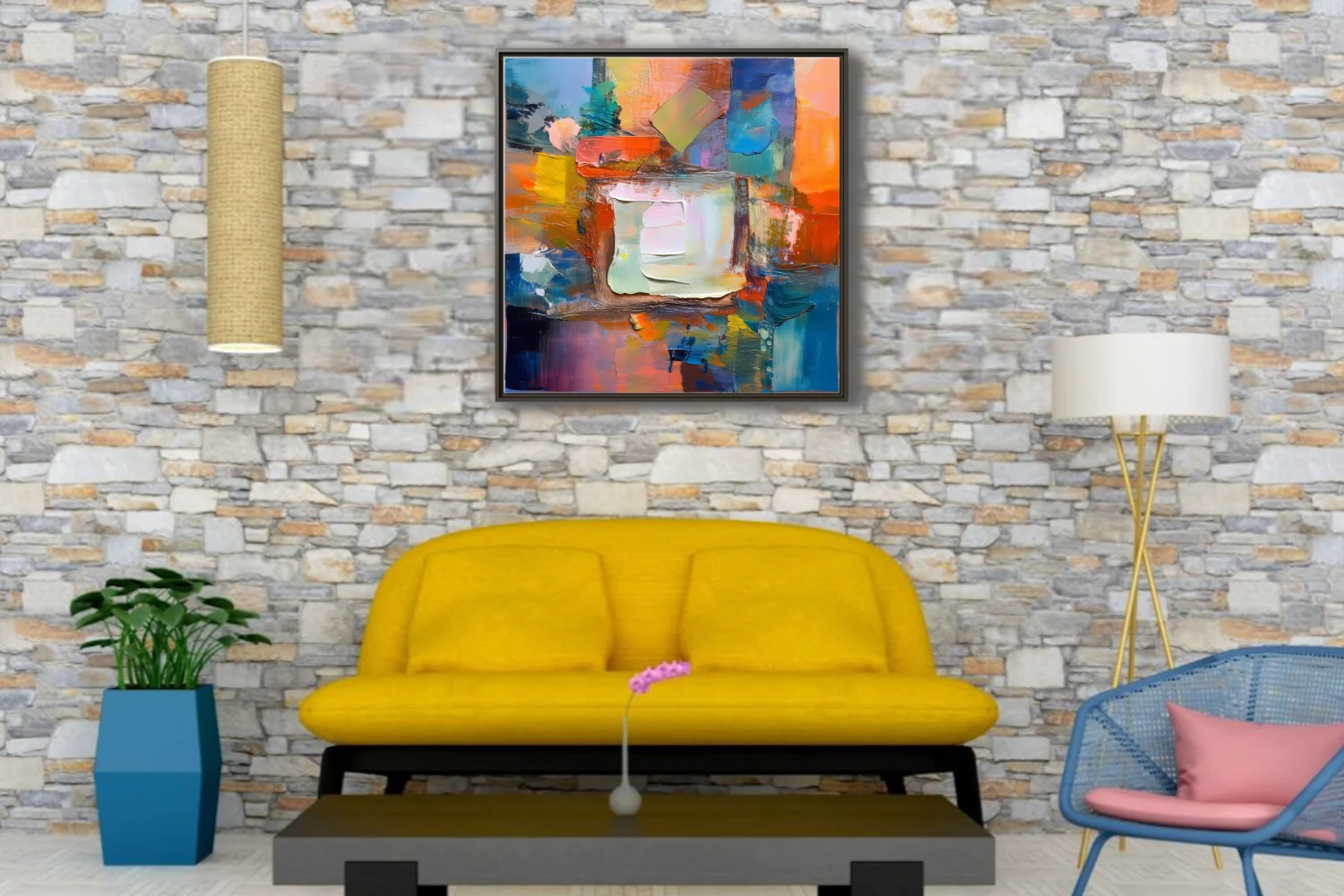 Contemporary abstract artwork with vivid orange, blue, and cream