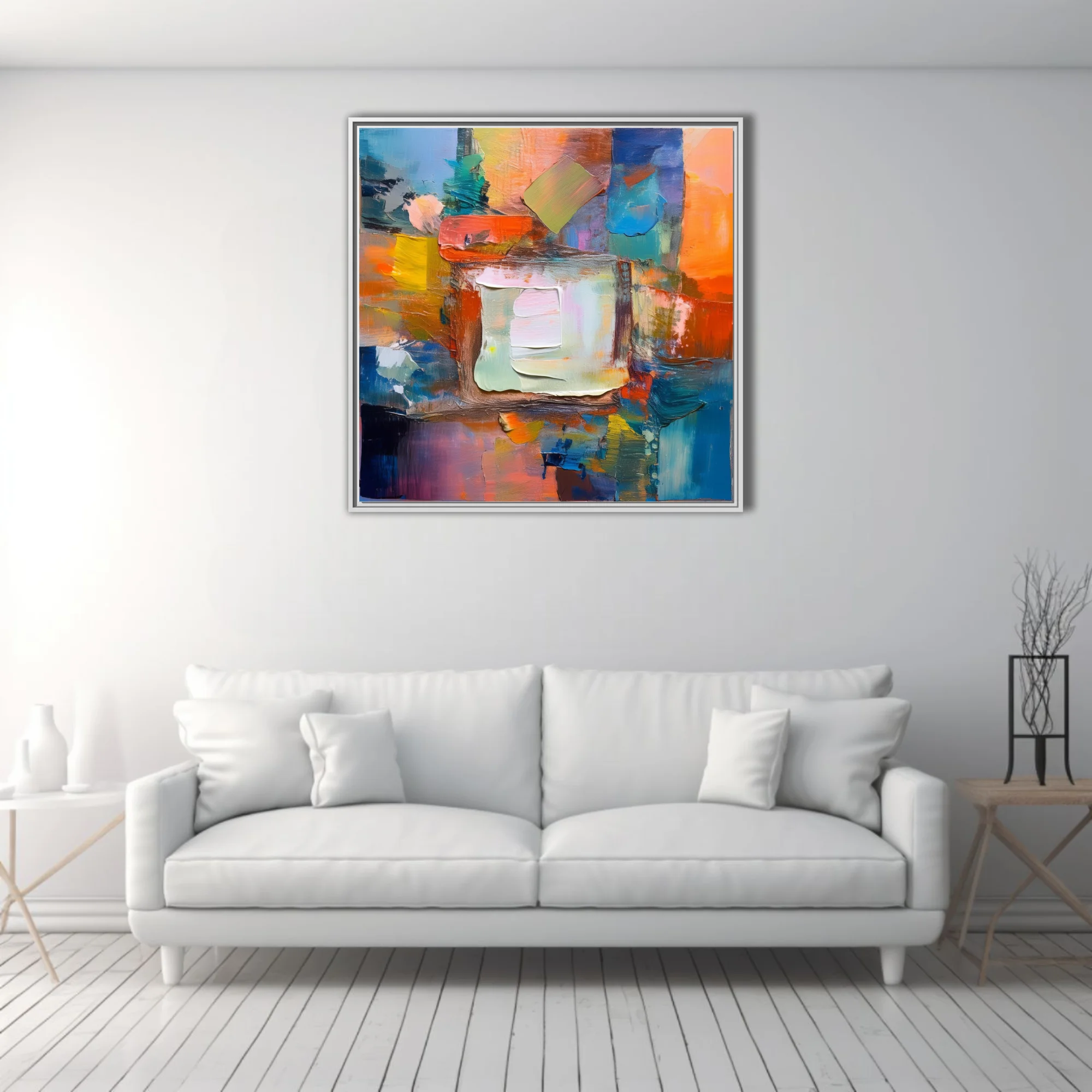 Contemporary abstract artwork with vivid orange, blue, and cream