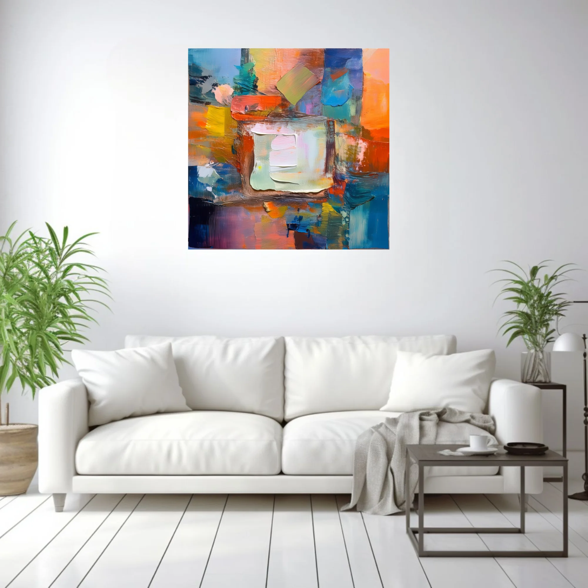 Contemporary abstract artwork with vivid orange, blue, and cream