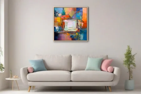 Contemporary abstract artwork with vivid orange, blue, and cream