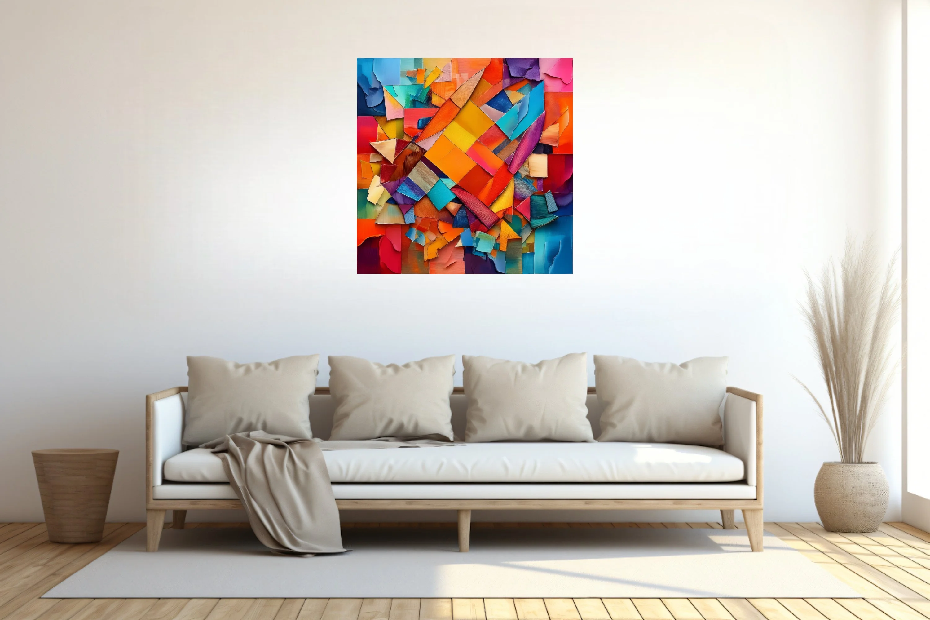 Vibrant contemporary-abstract collage with torn paper shards in orange, teal, magenta, and cobalt