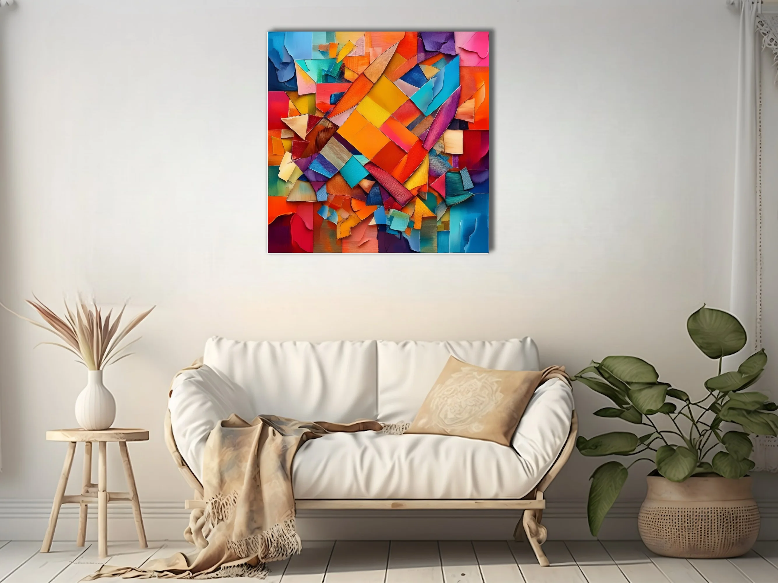 Vibrant contemporary-abstract collage with torn paper shards in orange, teal, magenta, and cobalt