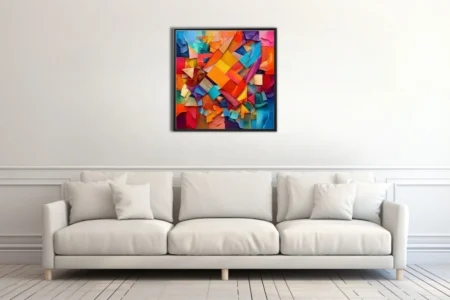 Vibrant contemporary-abstract collage with torn paper shards in orange, teal, magenta, and cobalt