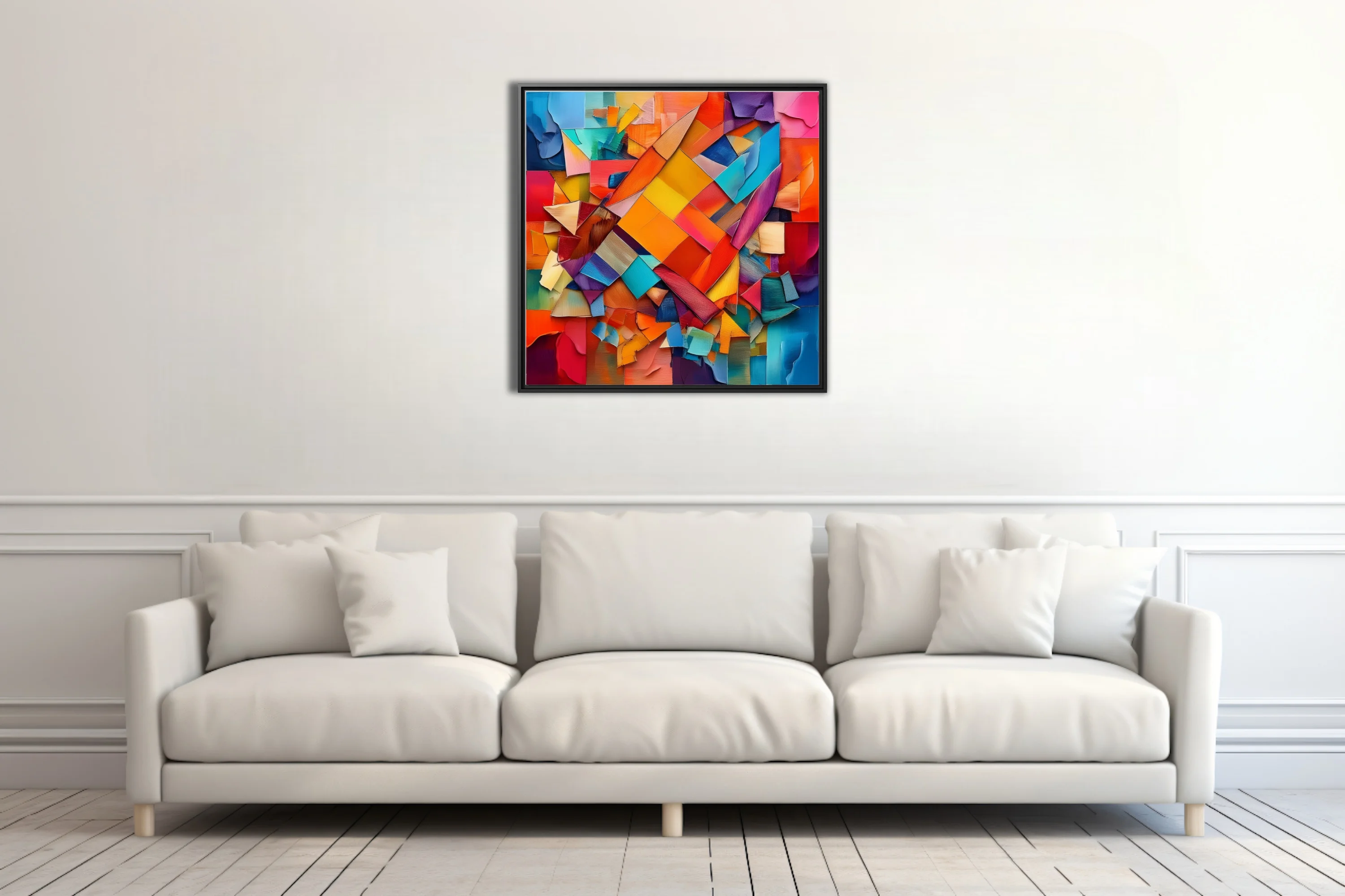 Vibrant contemporary-abstract collage with torn paper shards in orange, teal, magenta, and cobalt