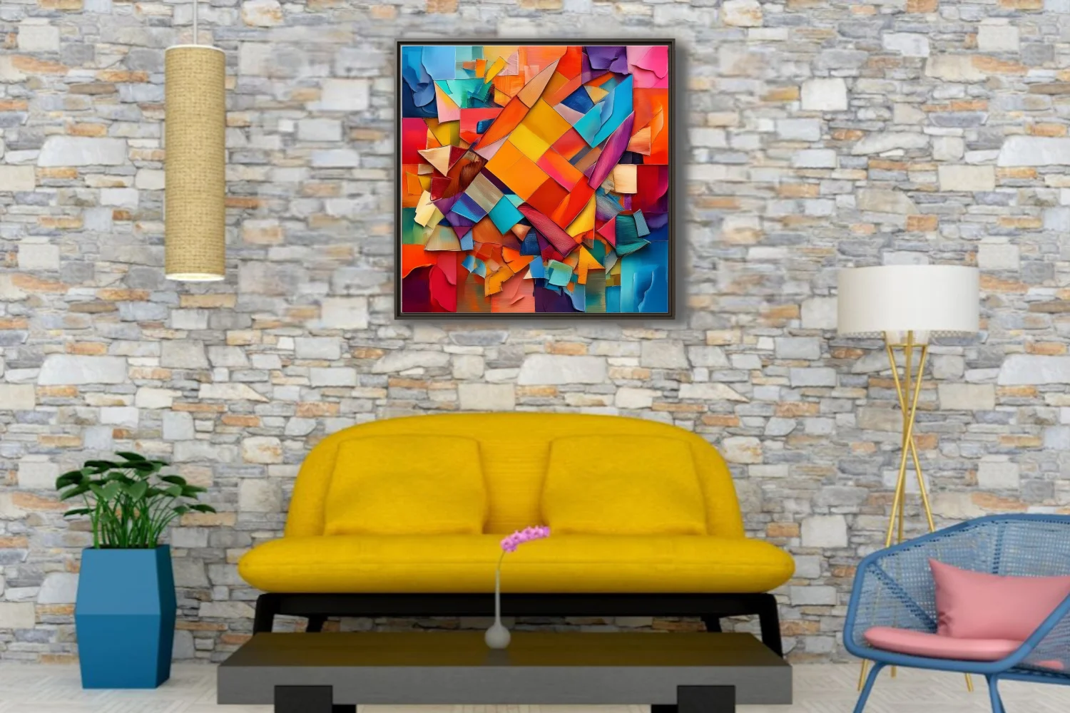 Vibrant contemporary-abstract collage with torn paper shards in orange, teal, magenta, and cobalt