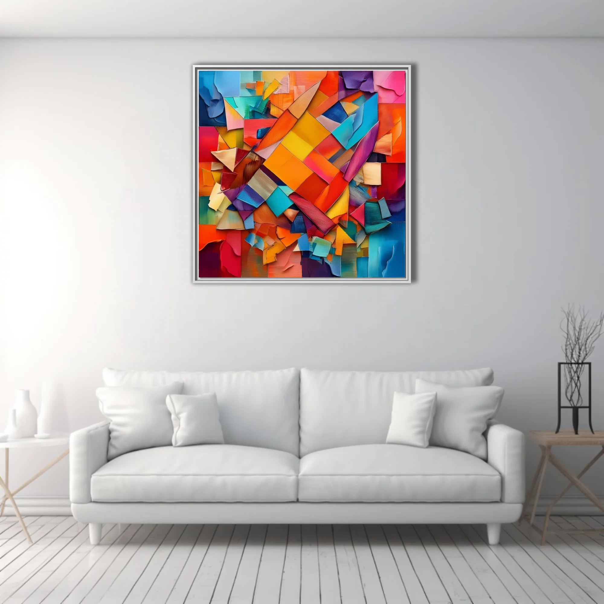 Vibrant contemporary-abstract collage with torn paper shards in orange, teal, magenta, and cobalt
