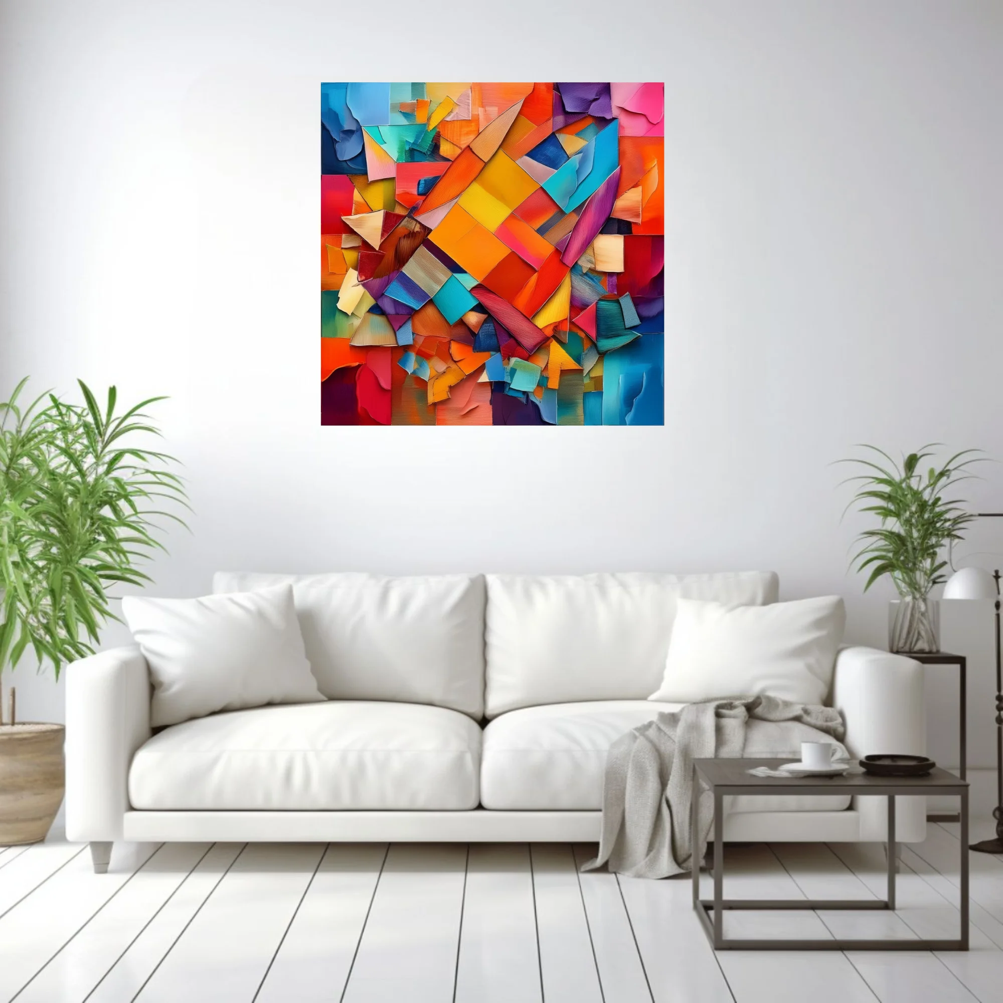 Vibrant contemporary-abstract collage with torn paper shards in orange, teal, magenta, and cobalt