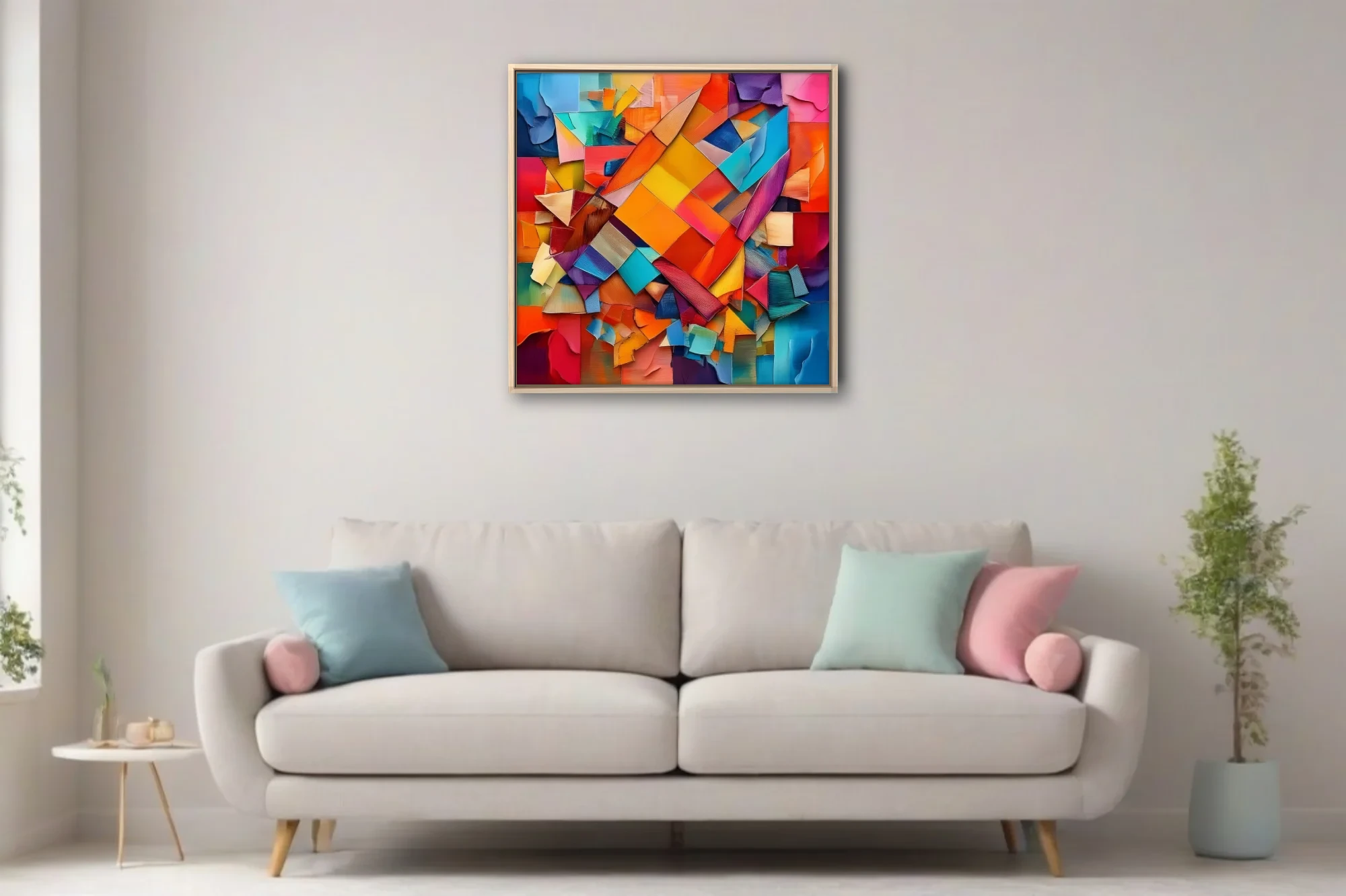 Vibrant contemporary-abstract collage with torn paper shards in orange, teal, magenta, and cobalt