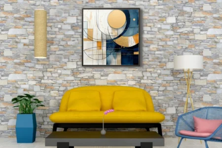 Mid-century modern abstract geometric art in navy blue and gold with circular forms