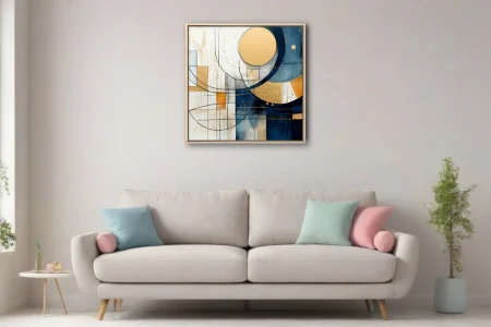 Mid-century modern abstract geometric art in navy blue and gold with circular forms