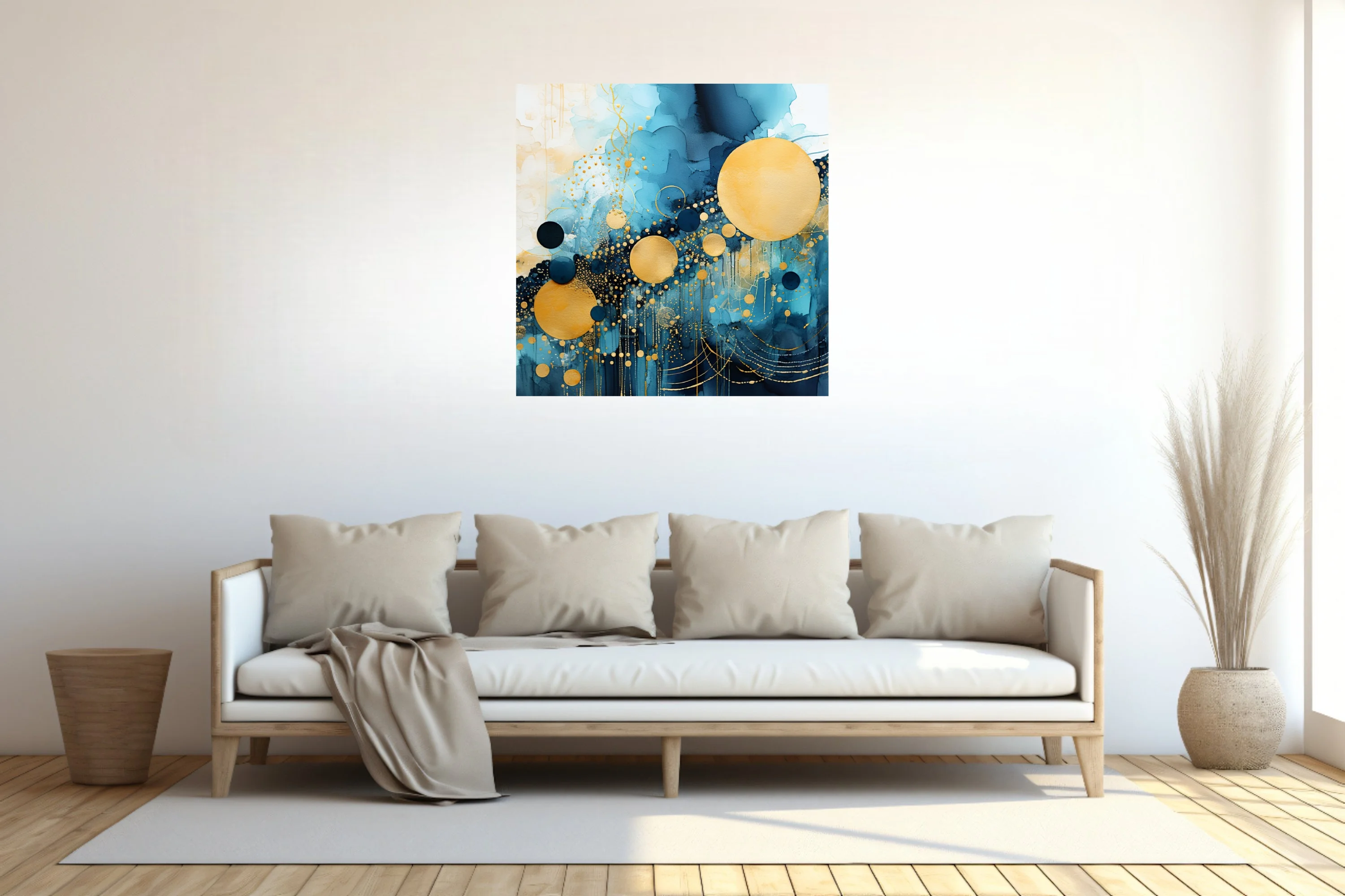 Abstract watercolor-style art with teal washes, gold orbs, and metallic dot patterns