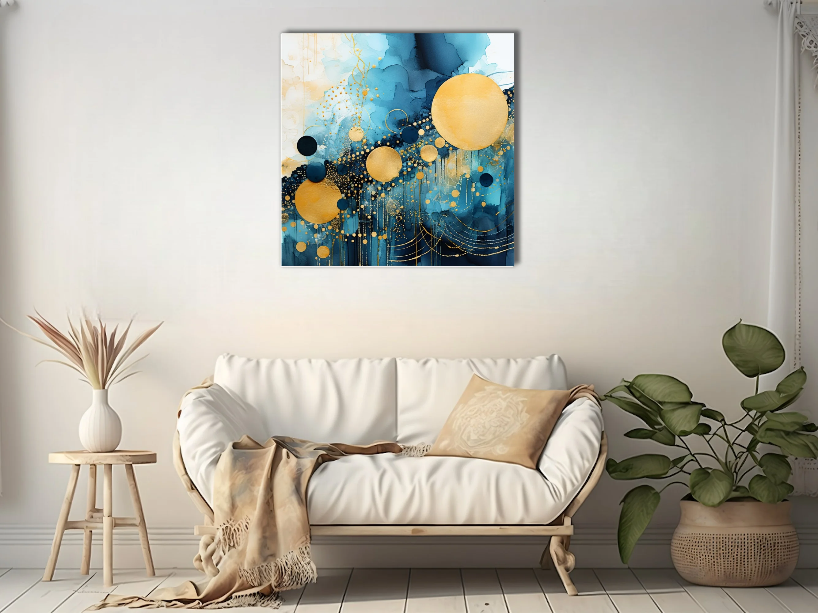 Abstract watercolor-style art with teal washes, gold orbs, and metallic dot patterns