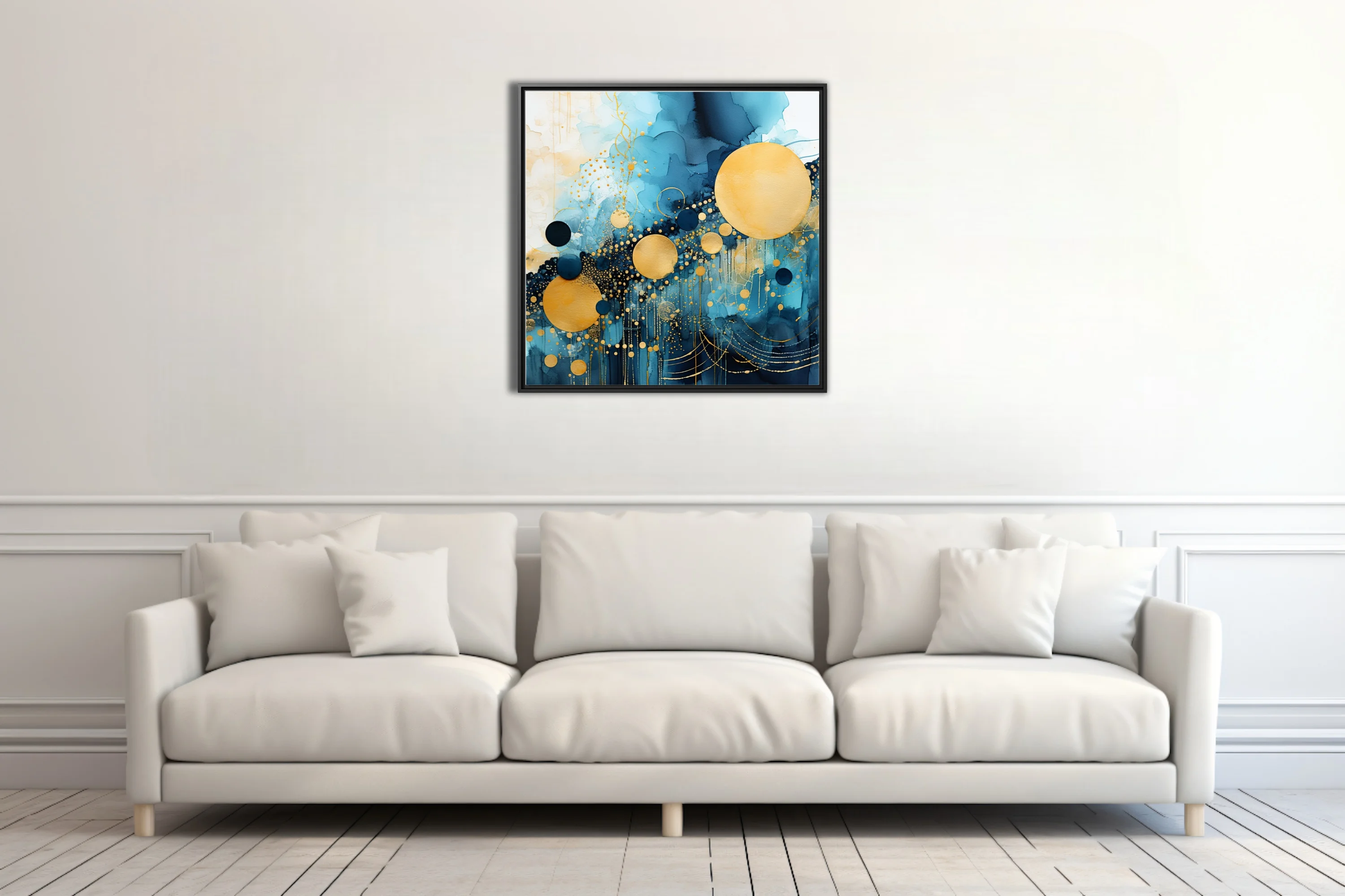 Abstract watercolor-style art with teal washes, gold orbs, and metallic dot patterns