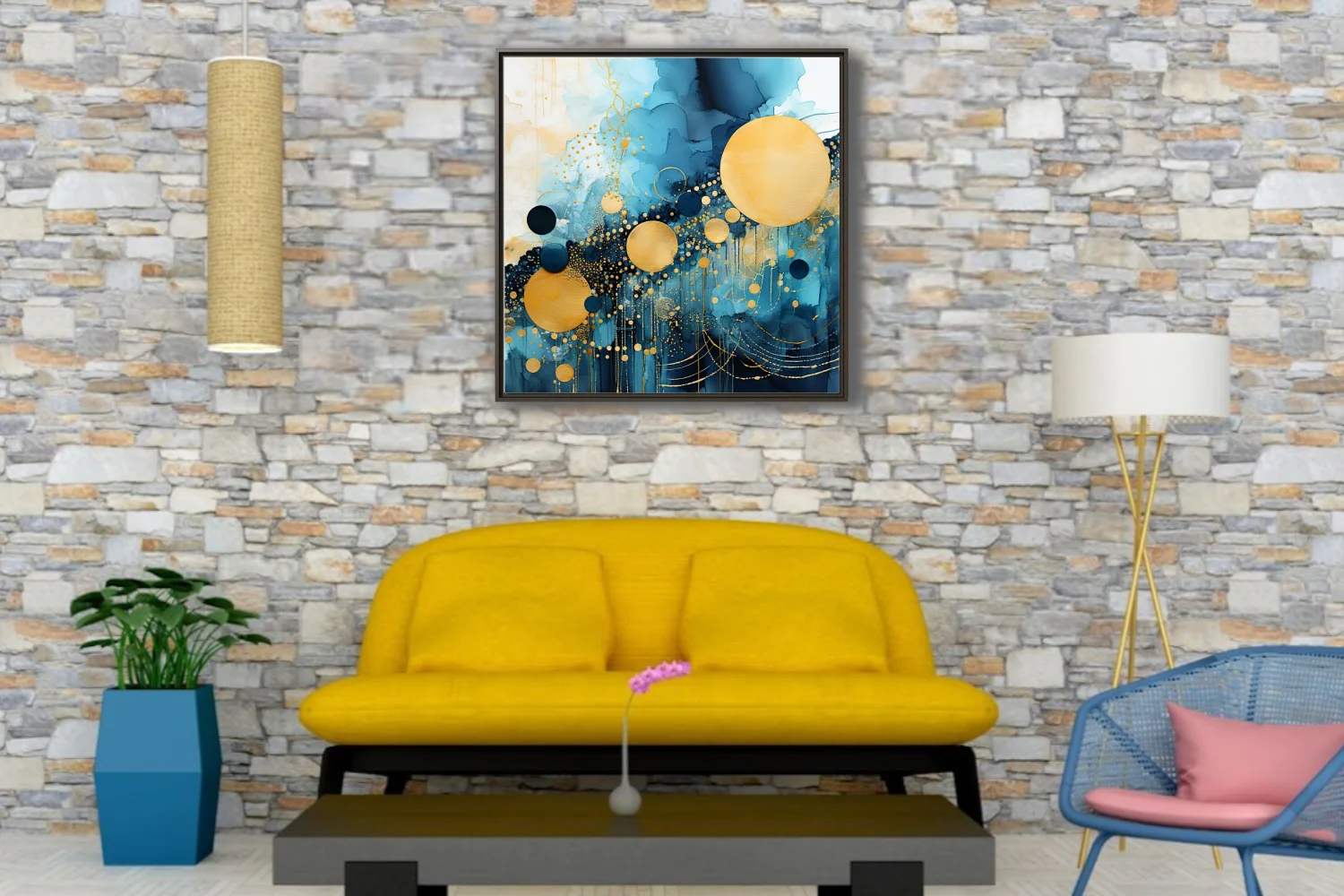 Abstract watercolor-style art with teal washes, gold orbs, and metallic dot patterns