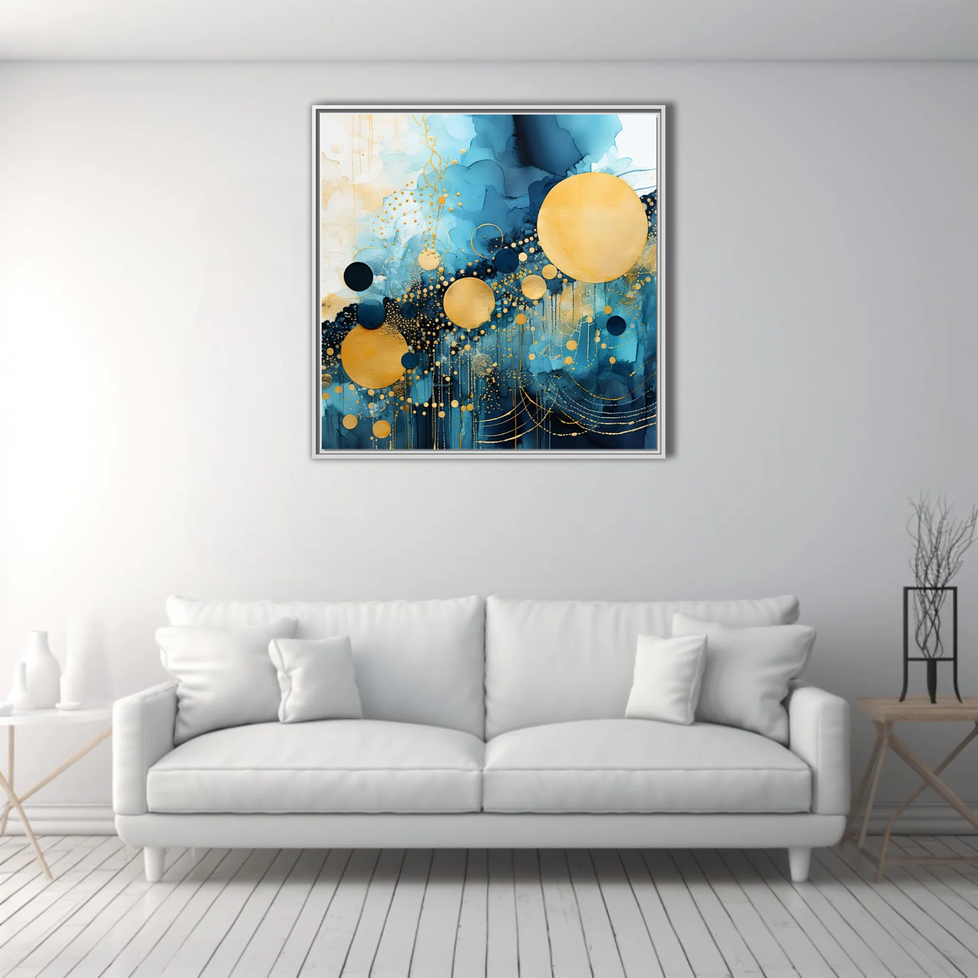 Abstract watercolor-style art with teal washes, gold orbs, and metallic dot patterns