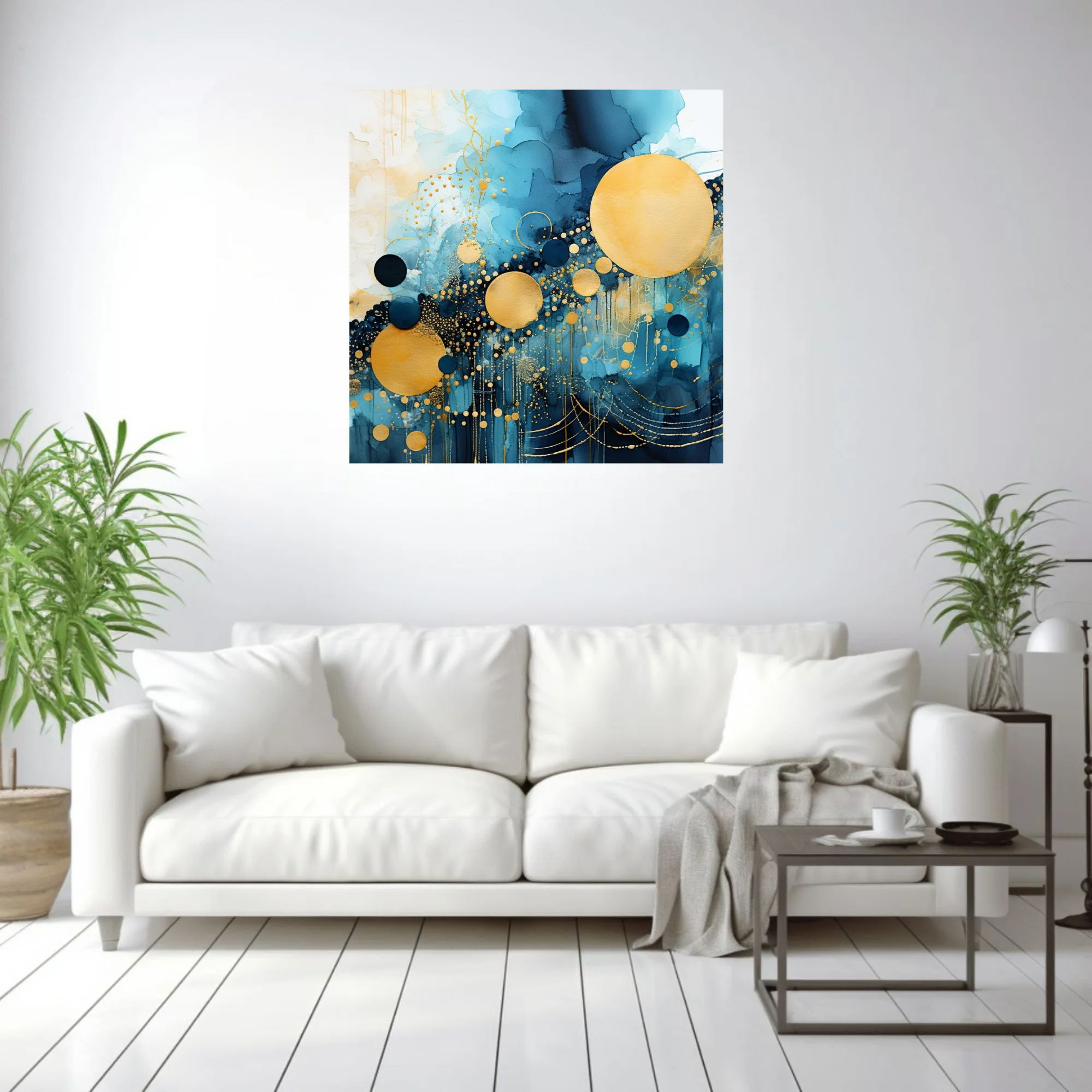 Abstract watercolor-style art with teal washes, gold orbs, and metallic dot patterns