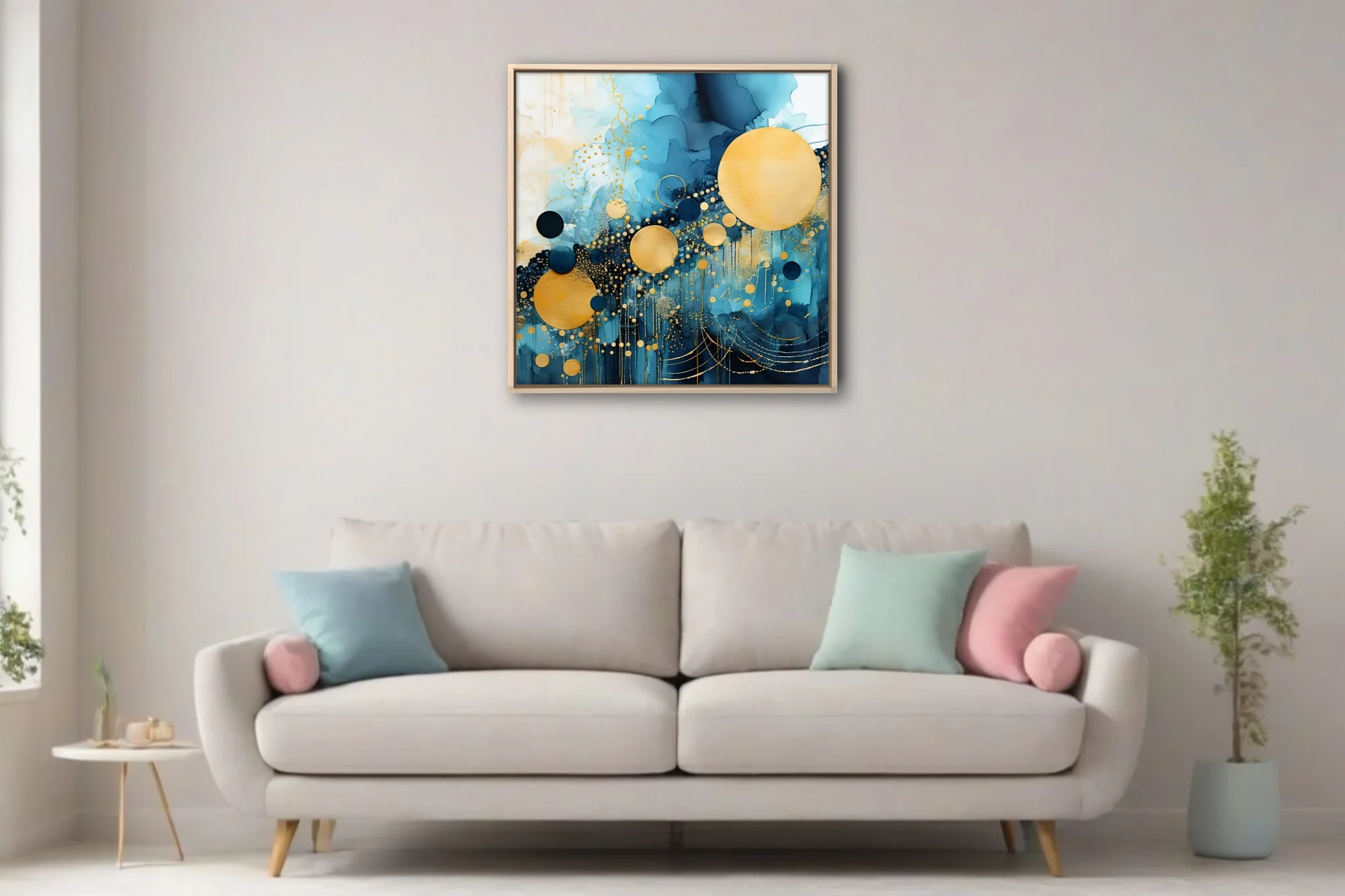 Abstract watercolor-style art with teal washes, gold orbs, and metallic dot patterns